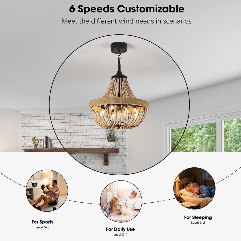 20 inch Boho Beaded Chandelier with Ceiling Fan, Remote & App Control, Reversible DC Motor, Black Farmhouse Rattan Fandelier for Dining Room, Bedroom, Kitchen