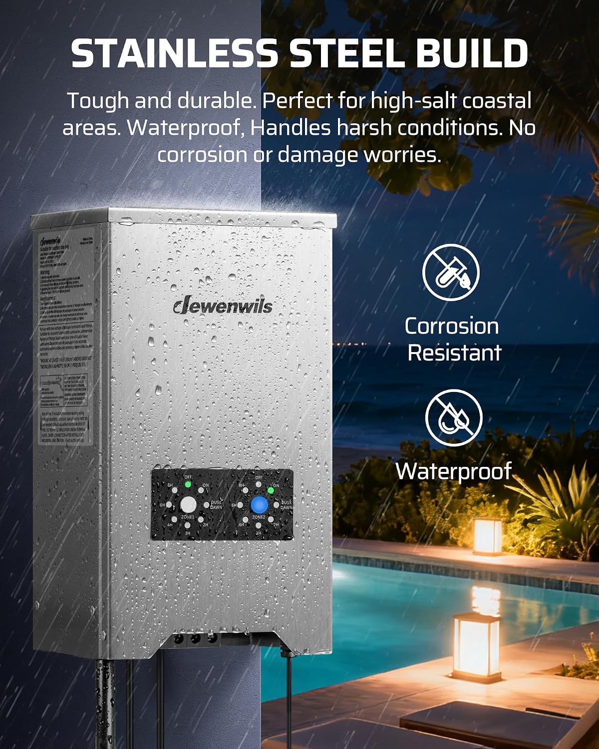 DEWENWILS 300W Low Voltage Landscape Transformer 2-Zone, Stainless Steel Landscape Lighting Transformer with Photocell Sensor & Countdown Timer, 120V AC to 12V/15V AC, Weatherproof for Outdoor Lights