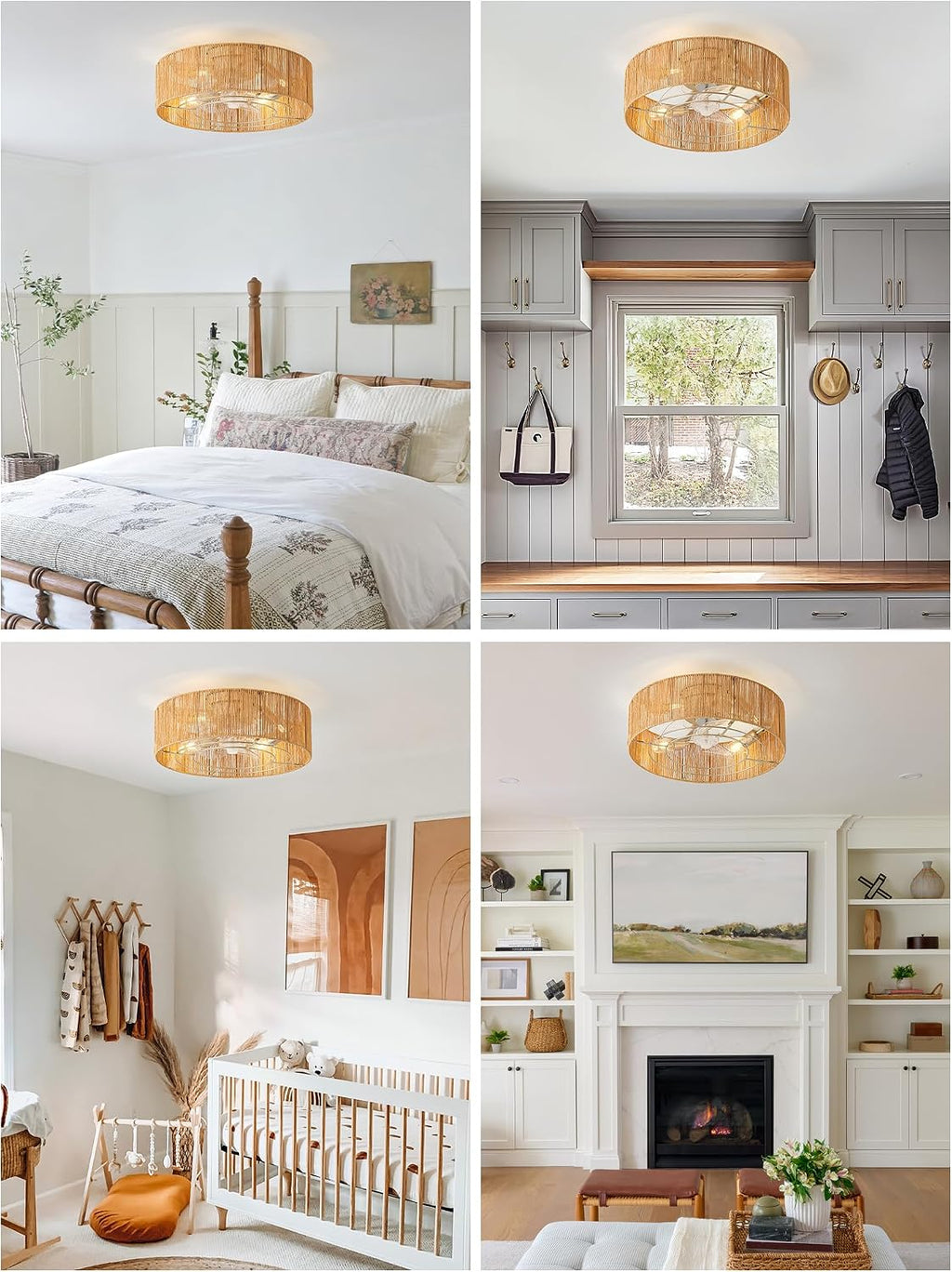 Ceiling Fans with Lights, 20' Boho Ceiling Fan with Light Flush Mount, Rattan Low rofile with 6 Speeds, Remote Control for Bedroom, Nursery, Living Room
