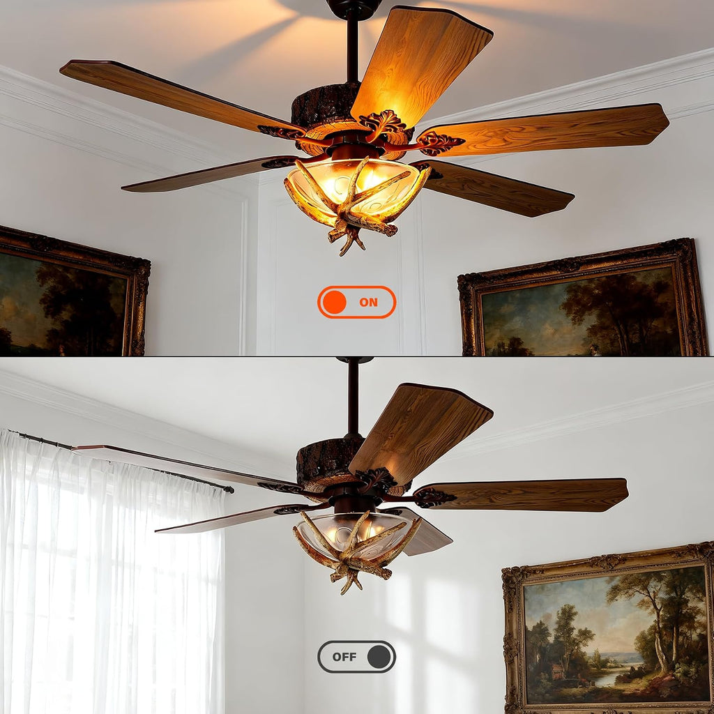 Fandian Antler Rustic Ceiling Fan with Lights and Remote, Modern Chandelier Fan Light, Indoor Cabin Electrical Fan with 5 Wood Blades, Farmhouse, Bedroom Living Room (D 46')