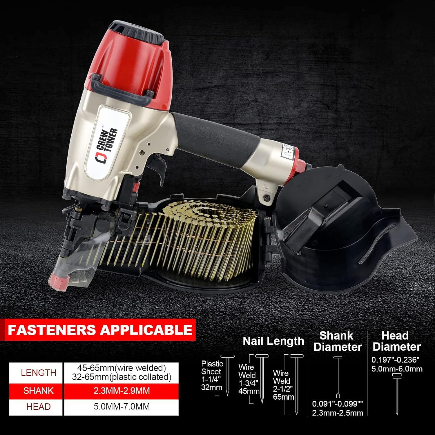 Pneumatic Coil Siding Nailer CN565B, 1-1/4' to 2-1/2' | 15 Gauge Siding Nail Gun. Quick jam release and tool-free depth adjustment for siding, fencing, sheathing & roof decking.