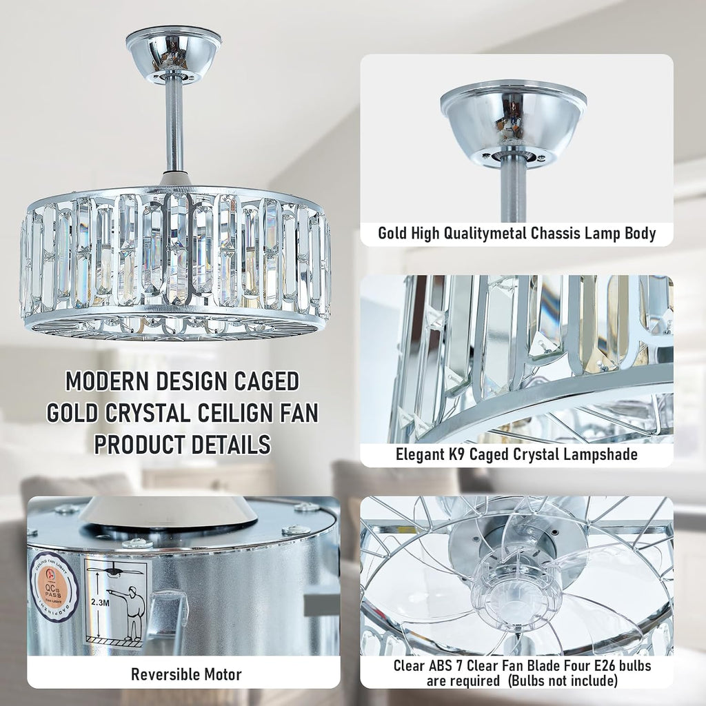 18.2' Silver Crystal Caged Ceiling Fan with Light 4-Lights Modern Flush Mount Chandelier Fan Remote Chrome Crystal Fandelier Lights for Bedroom Living Room Dining Room Entry Loft Hallway