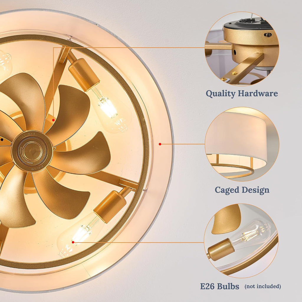 20' Golden Boho Caged Linen Low Profile Ceiling Fan with Remote, 6 Speeds