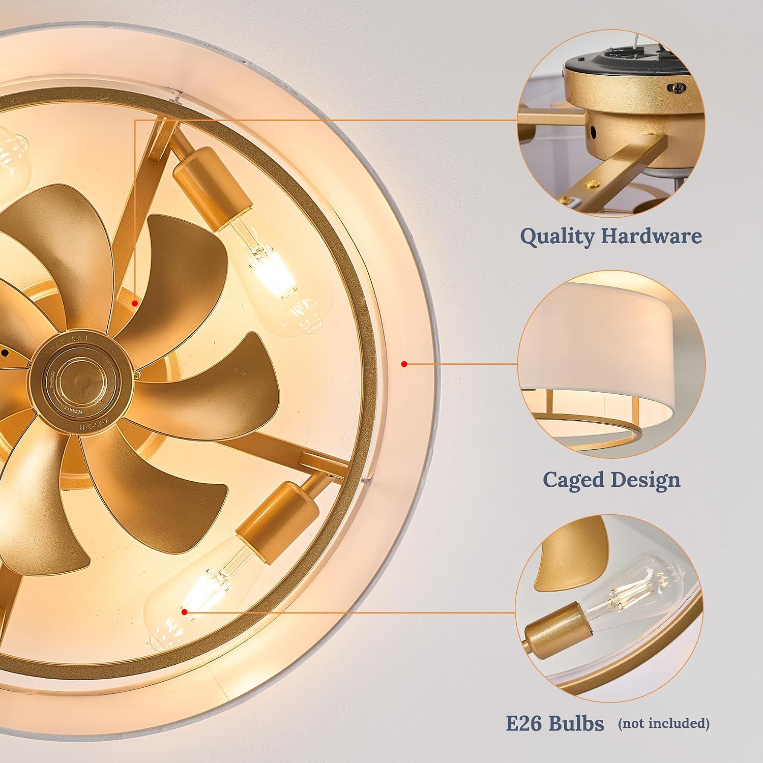 20' Golden Boho Caged Linen Low Profile Ceiling Fan with Remote, 6 Speeds