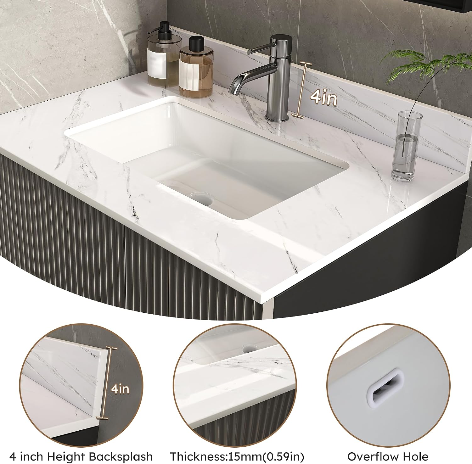 37x22 Marble Bathroom Vanity Top with Sink, Vanity Top with Sink with Pre-drilled Holes and 4' Backsplash, Perfect for Home & Rental Properties