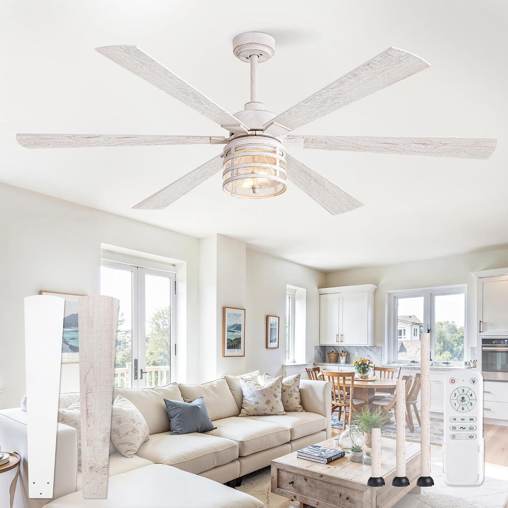 65 Inch Modern Ceiling Fans with Lights and Remote,Farmhouse Large Ceiling Fan with 6-Speed Reversible DC Motor and 6 Dual Finish Blades,White Ceiling Fan with Light for Living Bedroom Patio
