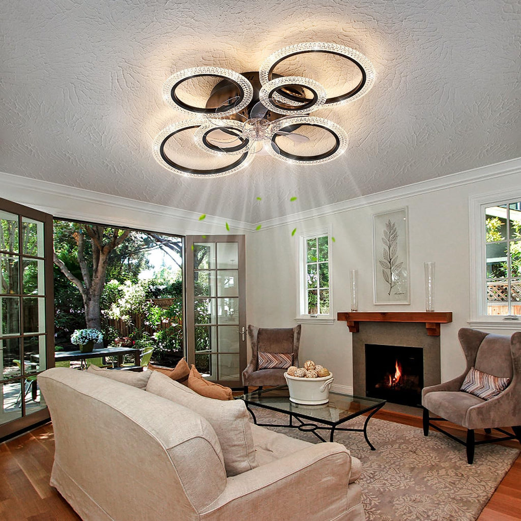 Yfrest Ceiling Fan with Light and Remote, Black Low Profile Ceiling Fans with Lights, Flush Mount Ceiling Fan with 3 Light Color 6 Speeds, Fandelier Ceiling Fan for Kitchen Living Room 6-Ring