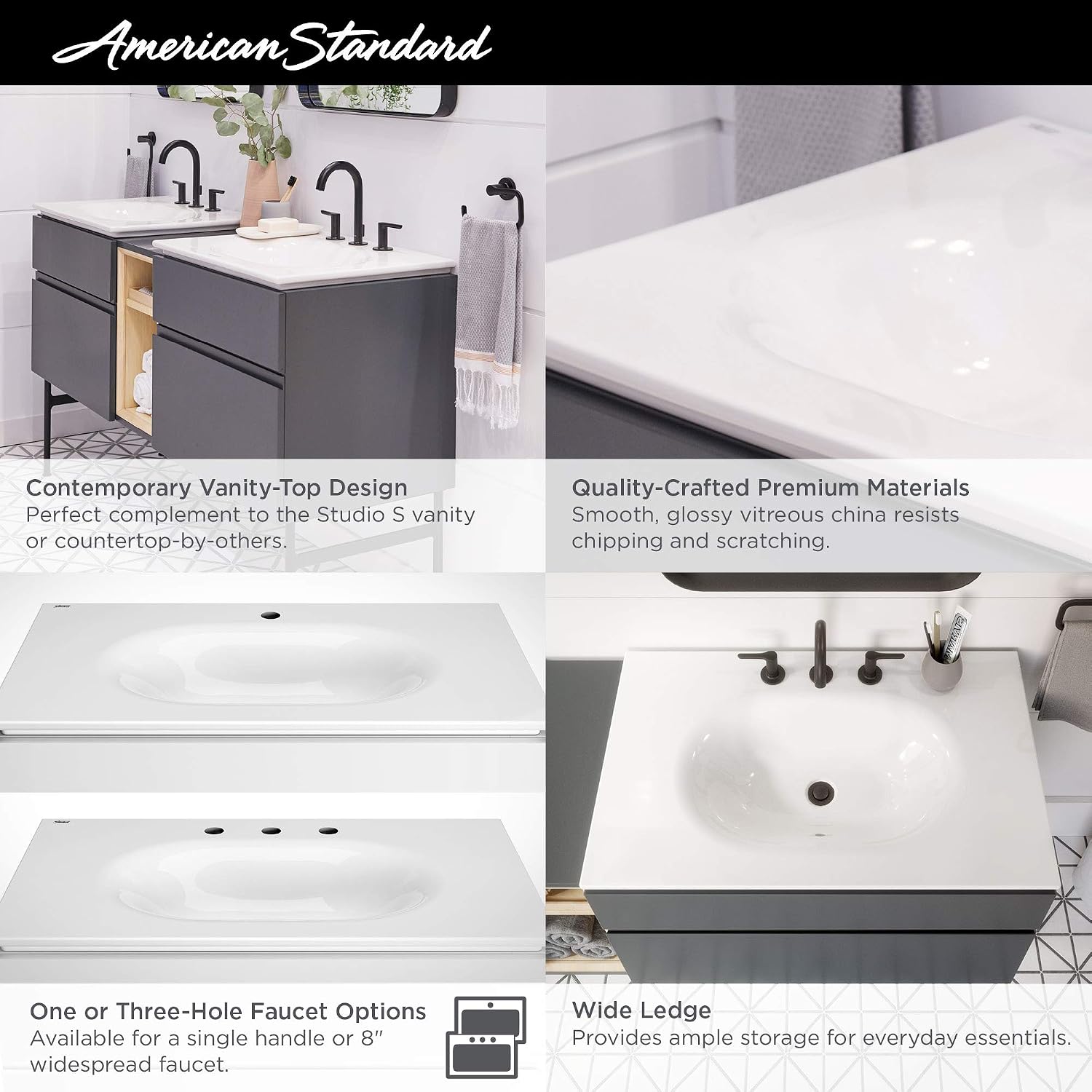 American Standard 1298008.020 Studio S 33 in. Vanity Top Sink – 8 in. Centers, White
