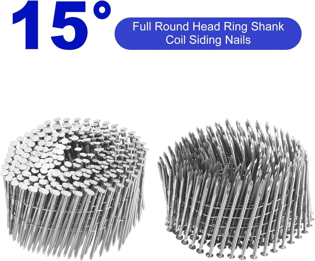 uxcell 3600 Count Siding Nails 2-1/2'x0.09' 15-Degree 304 Stainless Steel Ring Shank Full Round Head Collated Wire Coil for Lath and Sheathing Materials