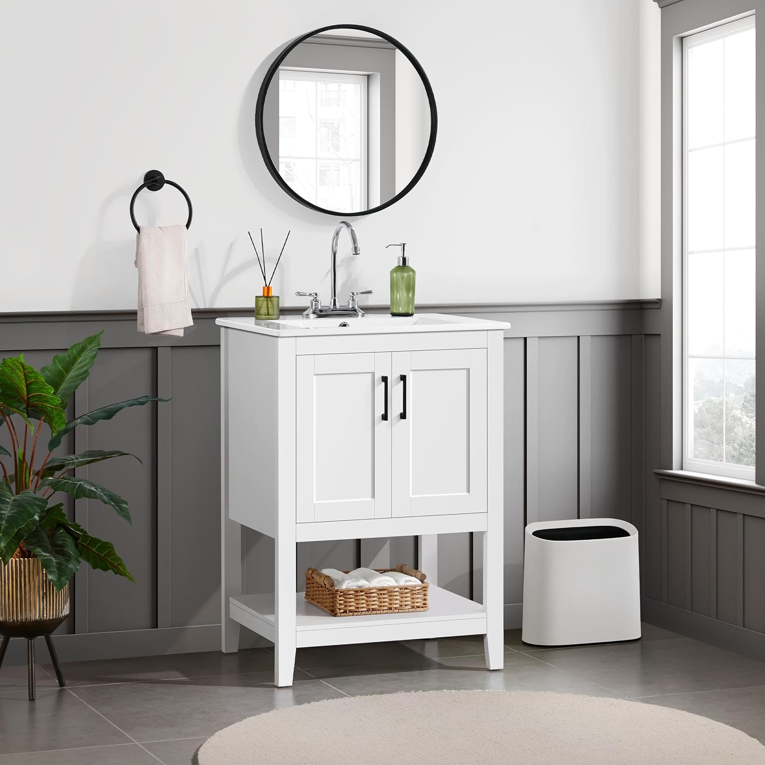 Yaheetech 24' Modern Bathroom Vanity with Sink, Bathroom Sink Cabinet with Rectangular Ceramic Basin, Bathroom Vanities Cabinet with 2 Doors and 1 Open Shelf, White