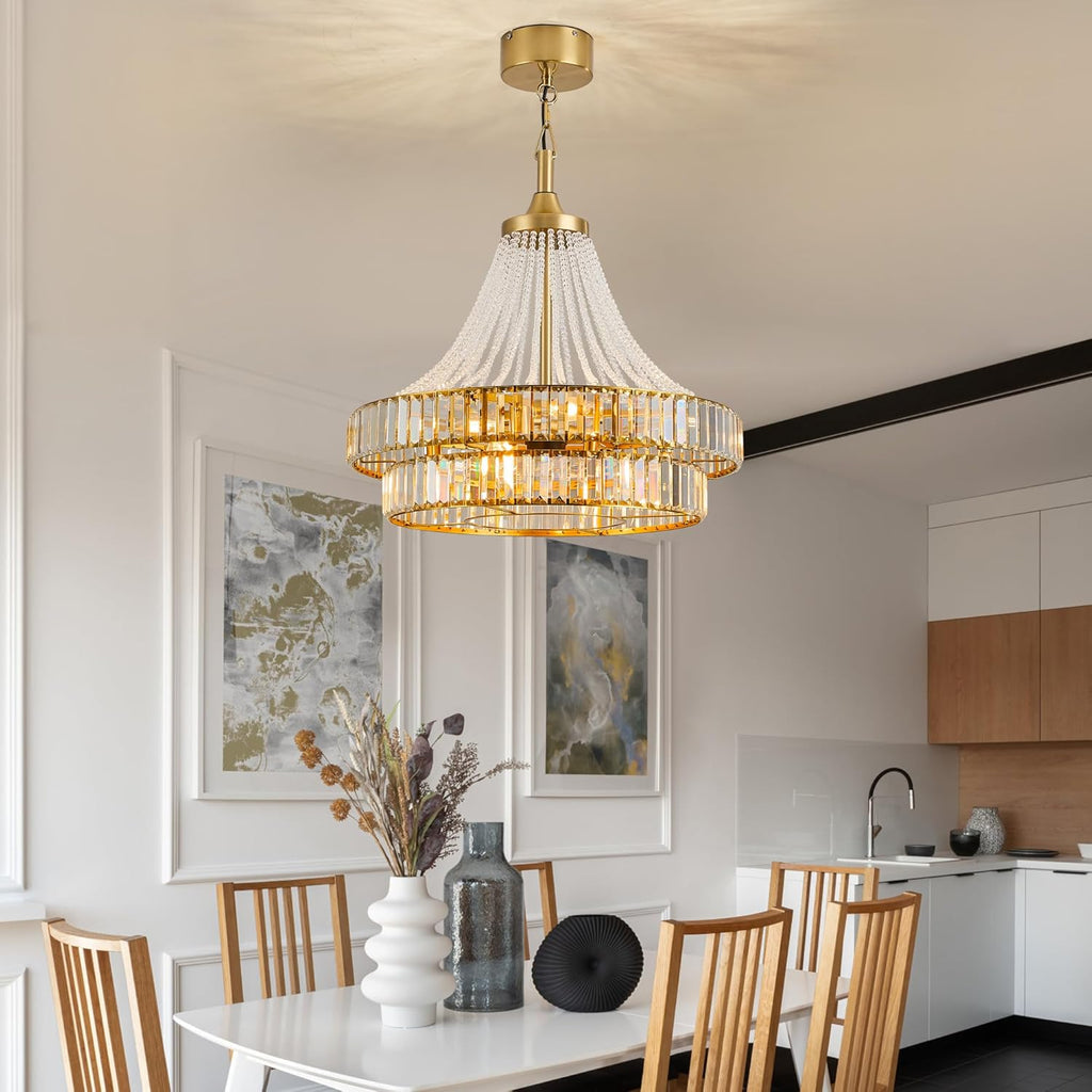 24' Modern Crystal Chandelier Ceiling Fan with Lights, Remote & App Control, 6-Speed Reversible Large Fandelier, Double Layer Design for Bedroom, Living Room (Luxury Gold)