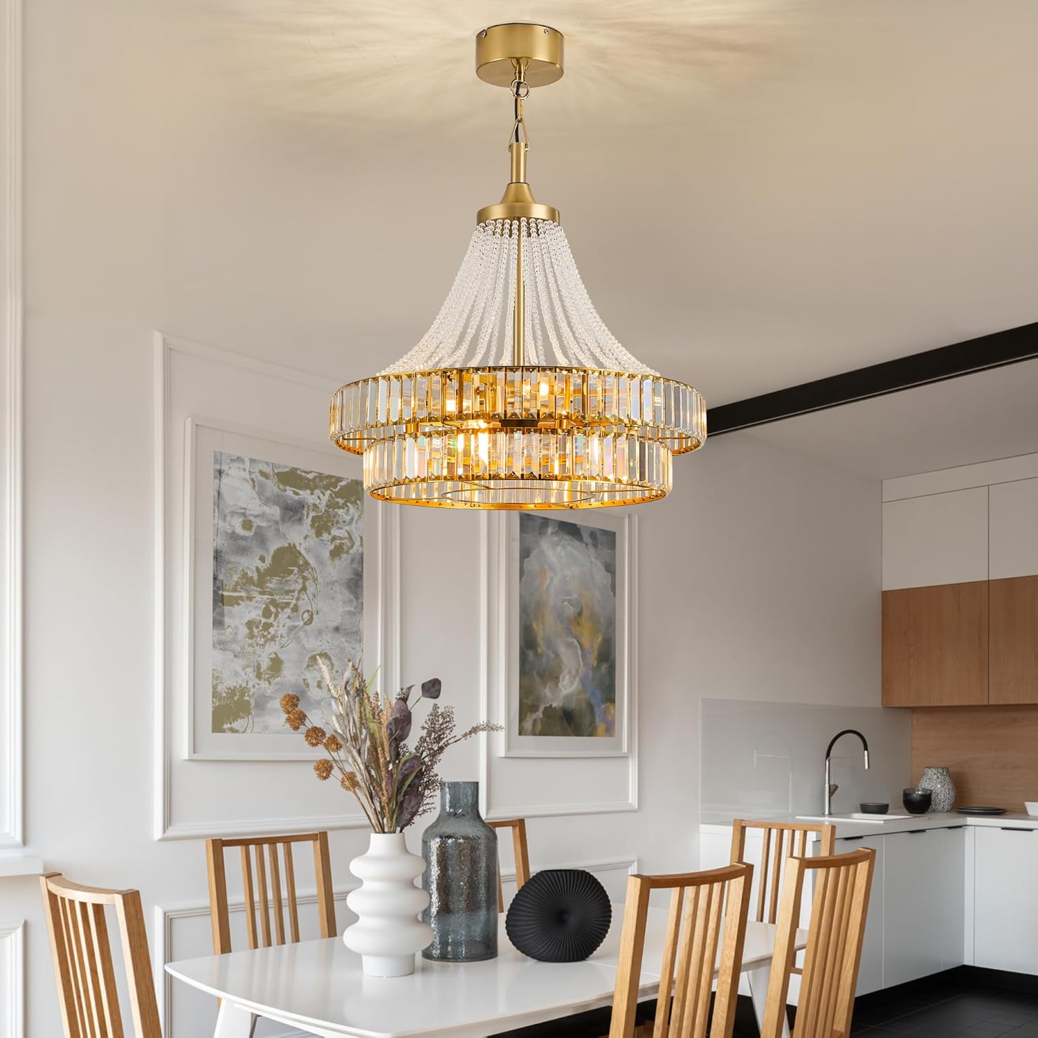 24' Modern Crystal Chandelier Ceiling Fan with Lights, Remote & App Control, 6-Speed Reversible Large Fandelier, Double Layer Design for Bedroom, Living Room (Luxury Gold)