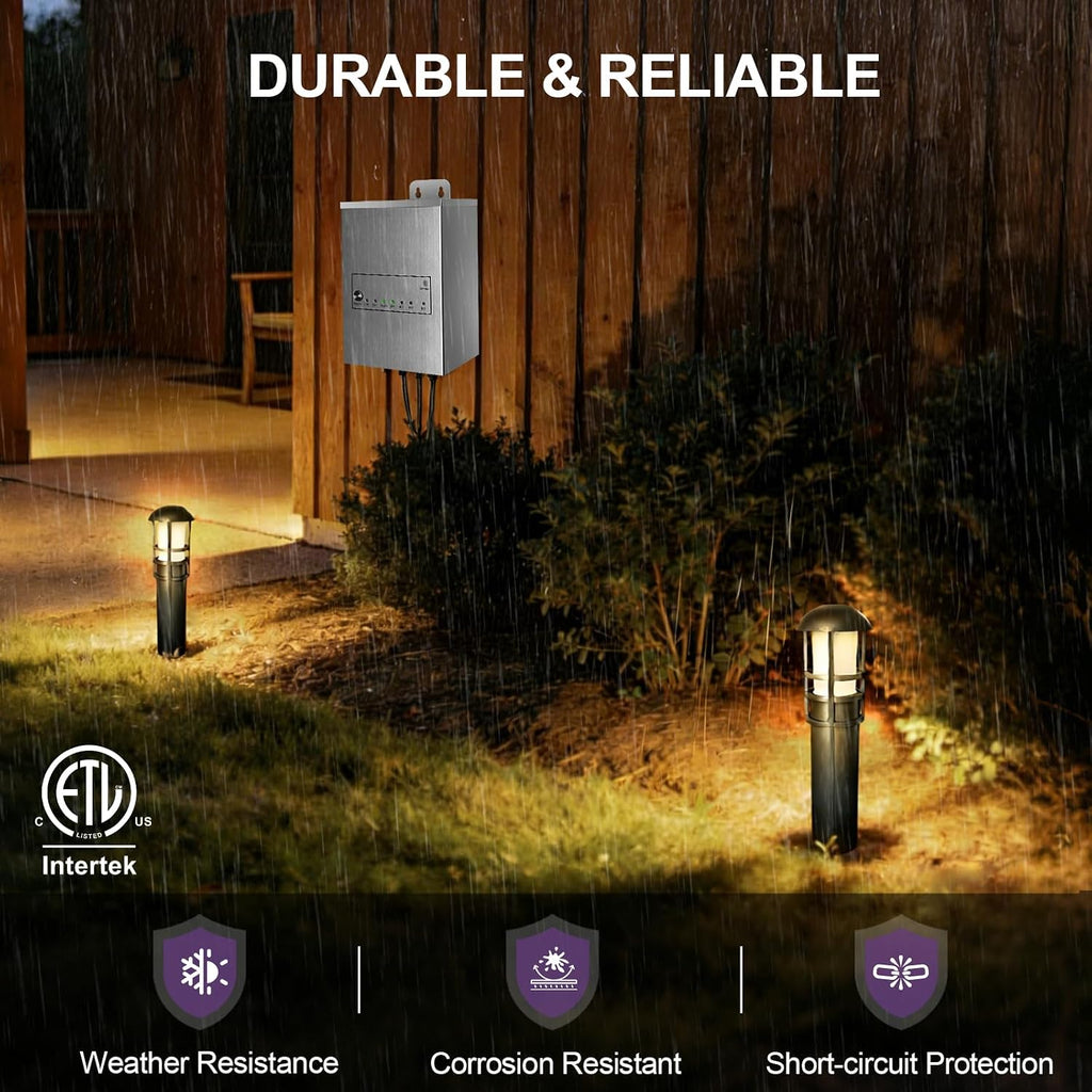 300W Low Voltage Landscape Transformer, Outdoor Lighting Transformers with Photocell & Timer, 120V AC to 12V AC, Stainless Steel Weatherproof Transformer for Landscape Lighting, ETL Listed
