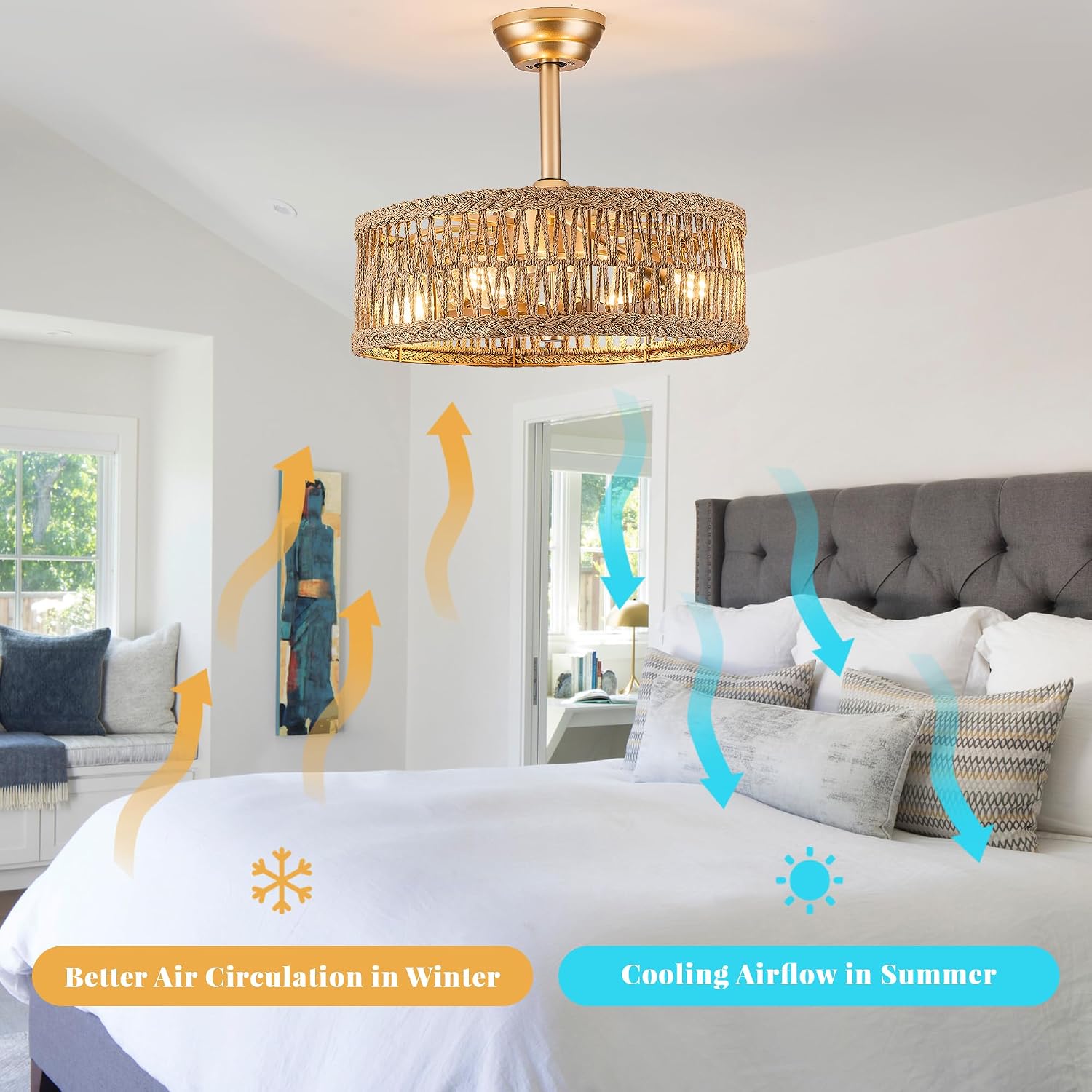 20 inch Gold Semi Flush Mount Rattan Ceiling Fan Light Fixture, Drum Shade with 7 Transparent Blades,Remote Control, E26 Base, Reversible Motor, Farmhouse Boho Style
