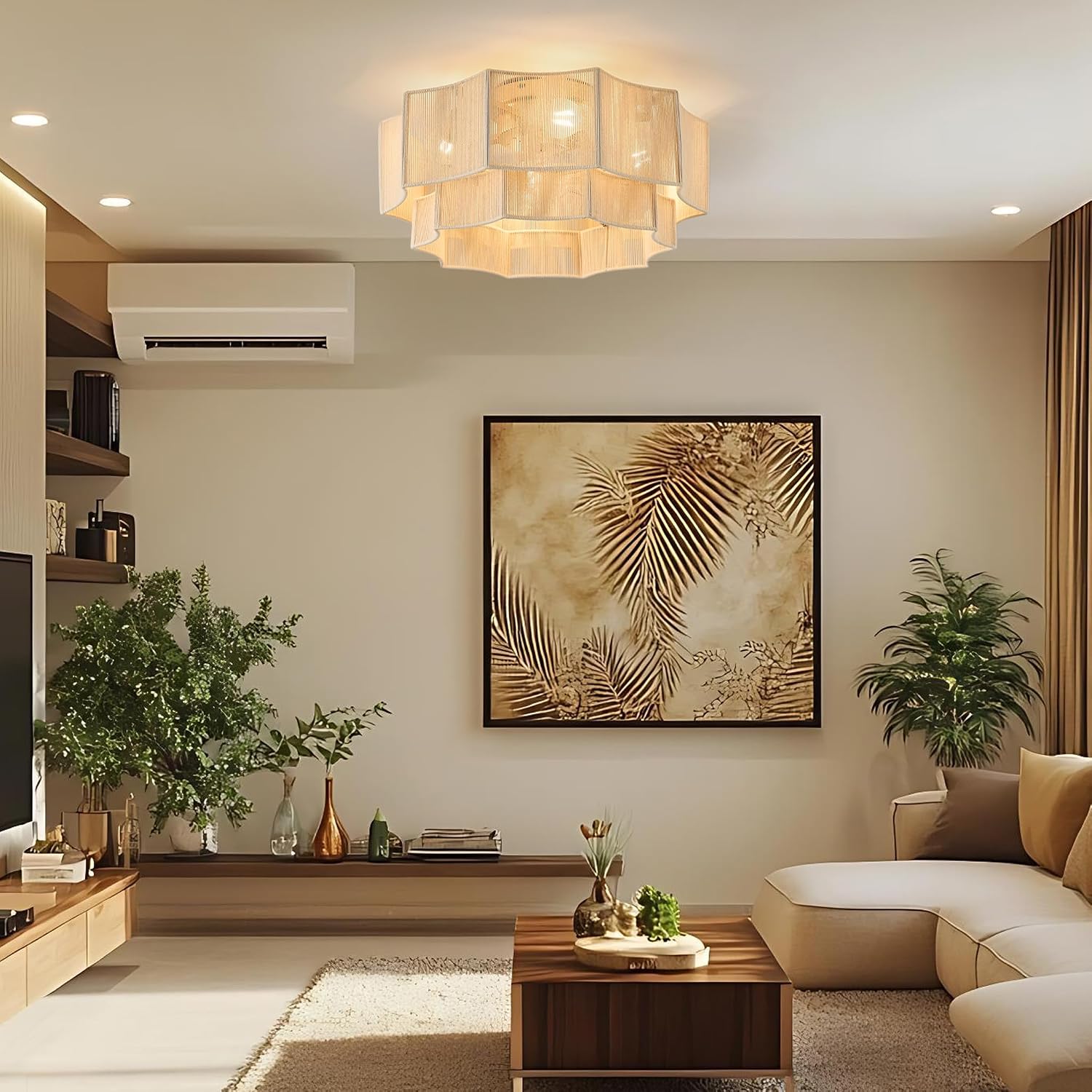 Hand-Woven Bohemian Ceiling Fan with Light, 20' Hexagonal Flush Mount Cotton Fan, Quiet DC Motor with Remote, 6-Speed Reversible Airflow, Transparent Blades for Bedroom Living Room Nursery