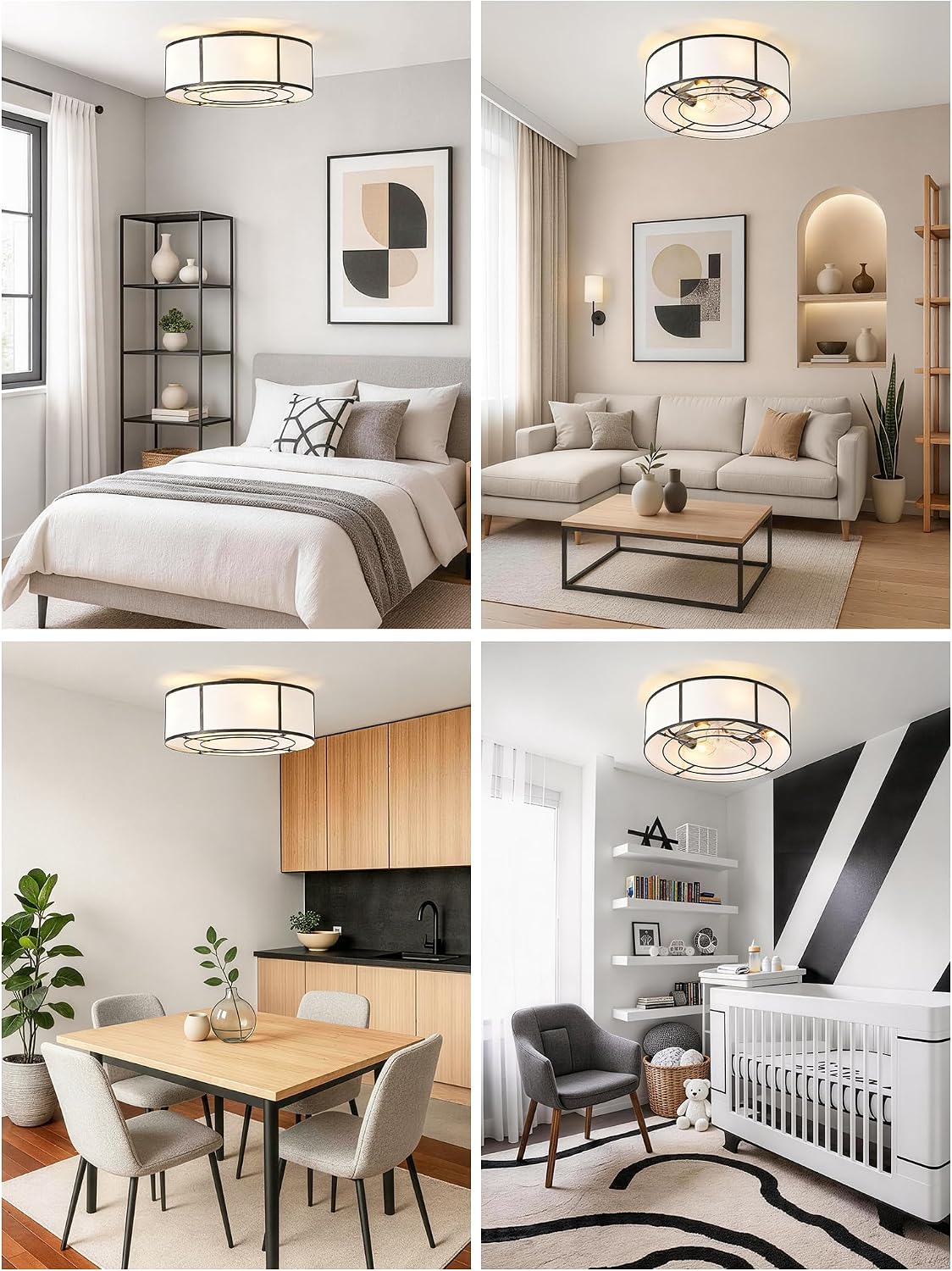 Low Profile Ceiling Fans with Lights, 20' Flush Mount Ceiling Fan with Light, Black and White Boho Bladeless with 6 Speeds Remote Control for Bedroom, Nursery, Living Room
