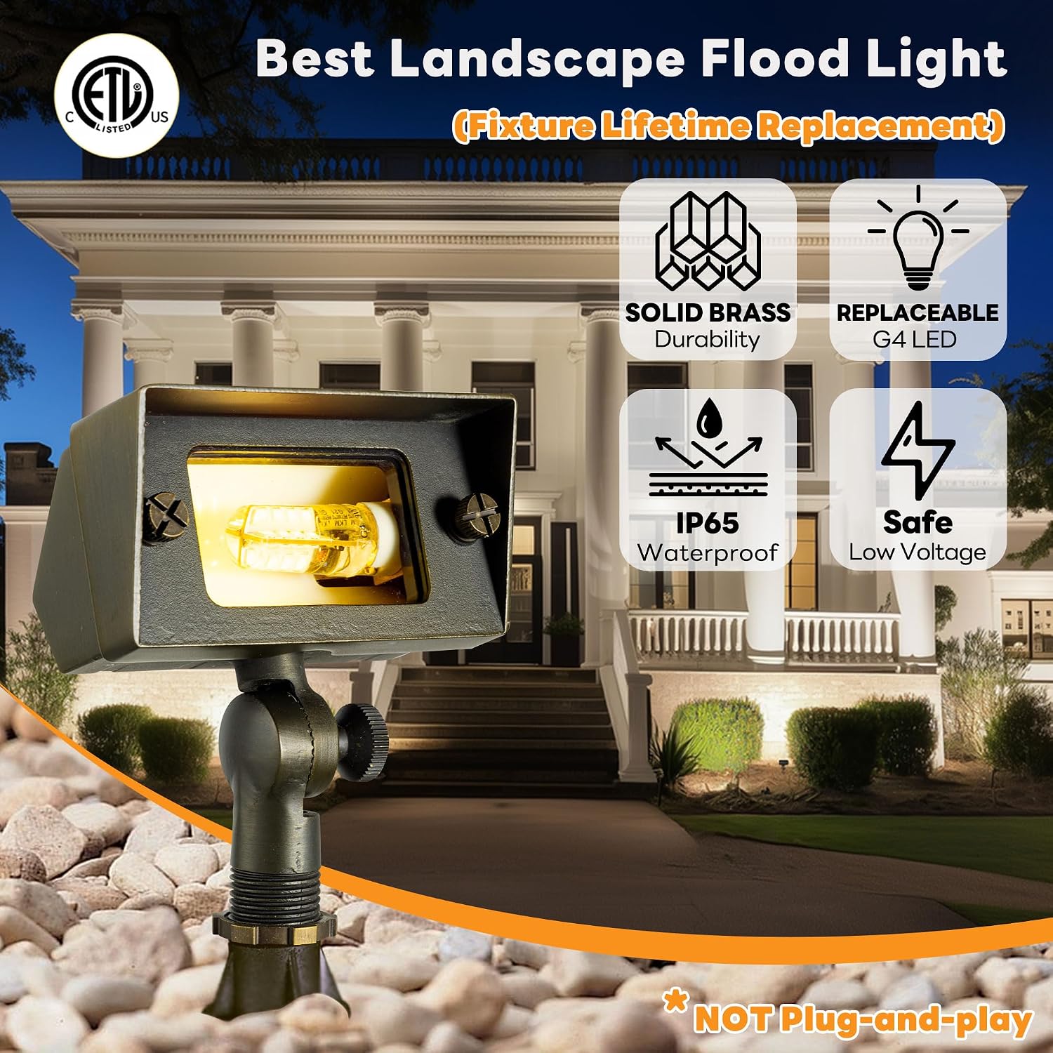 Gardenreet Outdoor Low Voltage Flood Light - Solid Brass Landscape 12V Wall Wash LED Light, Hardwired IP65 Waterproof, Antique Bronze Lighting for Yard Wall Tree House Without G4 Bulb 4 Pack