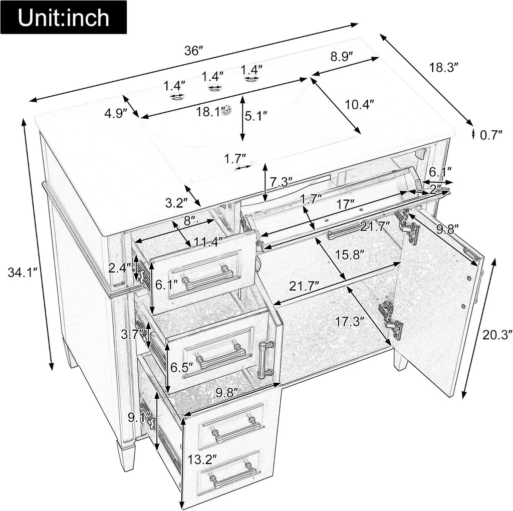 36' Bathroom Vanity with Ceramic Sink Top, One Tip-Out Drawer and Three Side Drawers, Soft-Closing Doors, Adjustable Shelf, Solid Wood Frame, White
