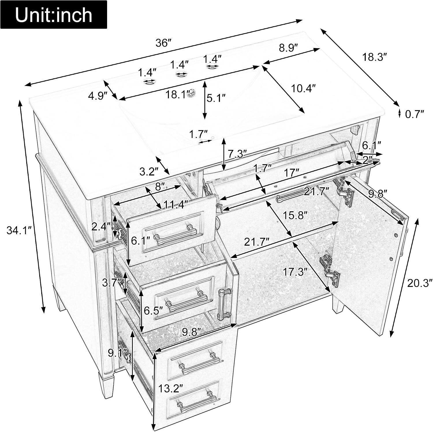 36' Bathroom Vanity with Ceramic Sink Top, One Tip-Out Drawer and Three Side Drawers, Soft-Closing Doors, Adjustable Shelf, Solid Wood Frame, White