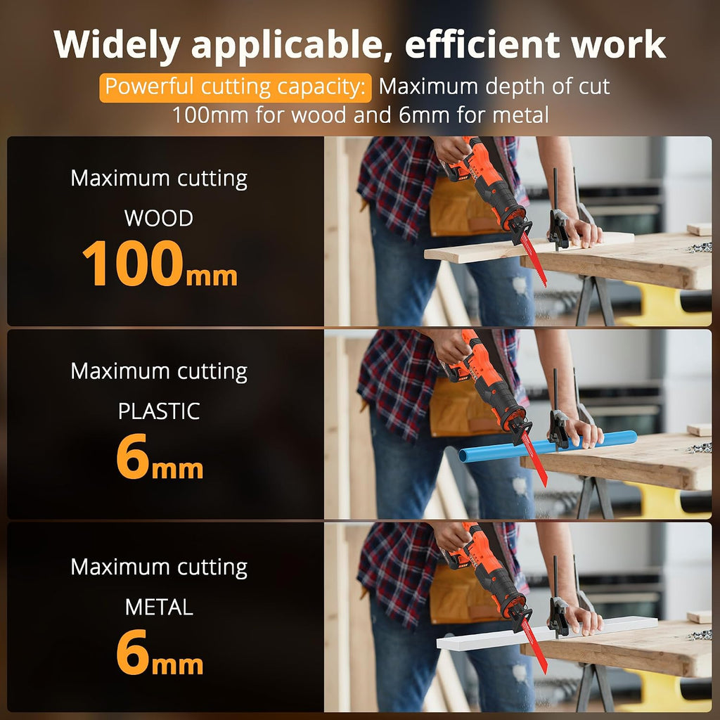 20V Cordless Reciprocating Saw, 0-2800rpm Variable Speed Power Reciprocating Saw, LED Light, Tool-Free Blade Change Reciprocating Saw Blades Kit for Wood/Metal/PVC Cutting
