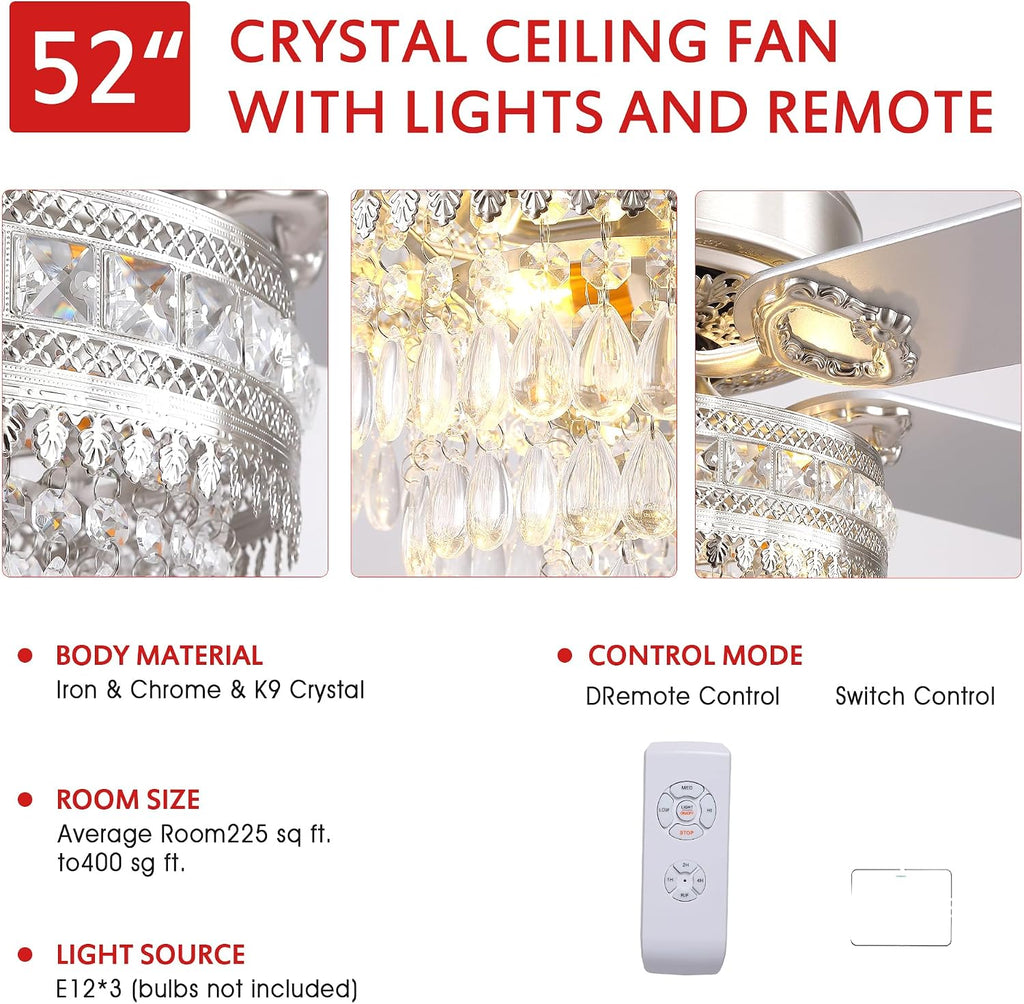 GJeg Crystal Ceiling Fan Fandelier with Lights - Retro Outdoor Fans with Remote Control, Farmhouse Ceiling Fan with Noiseless AC Reversible Motor,Dining Room,Living Room(52' Silver)