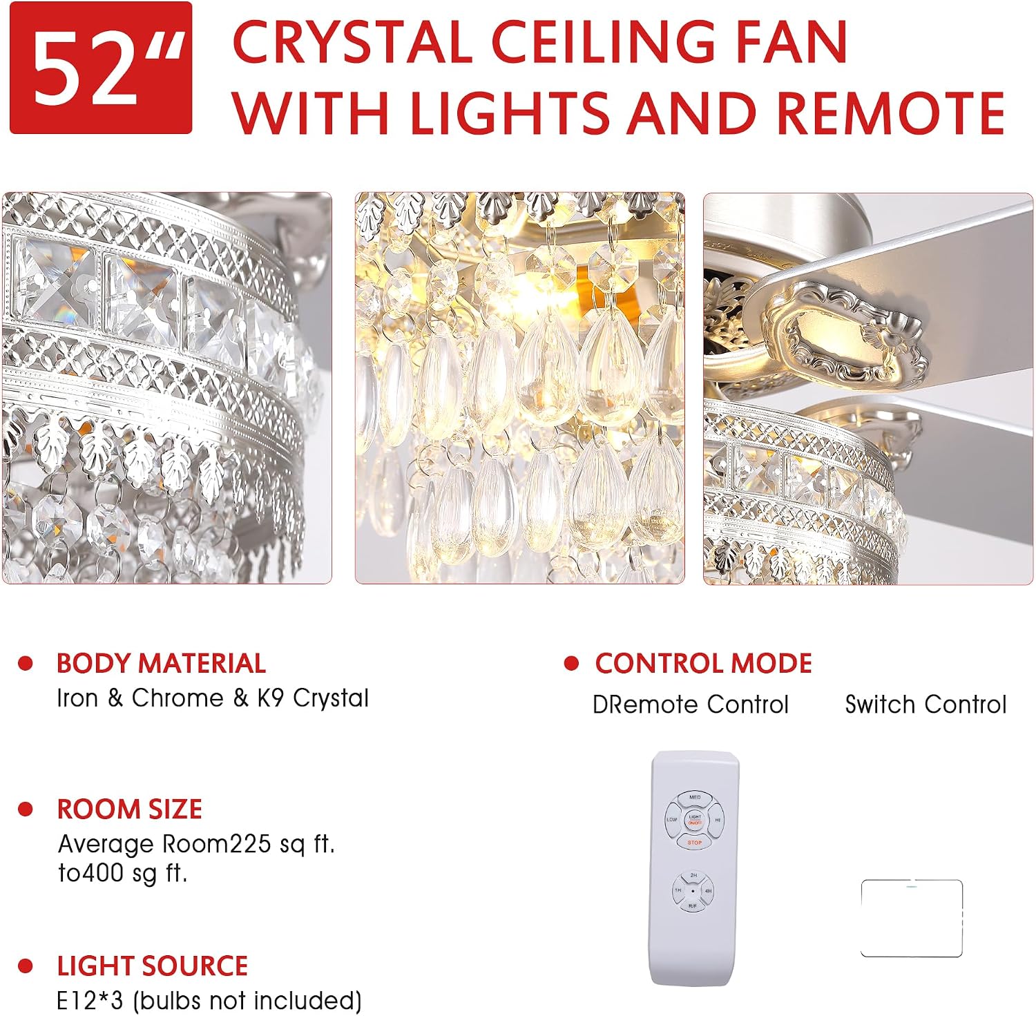 GJeg Crystal Ceiling Fan Fandelier with Lights - Retro Outdoor Fans with Remote Control, Farmhouse Ceiling Fan with Noiseless AC Reversible Motor,Dining Room,Living Room(52' Silver)