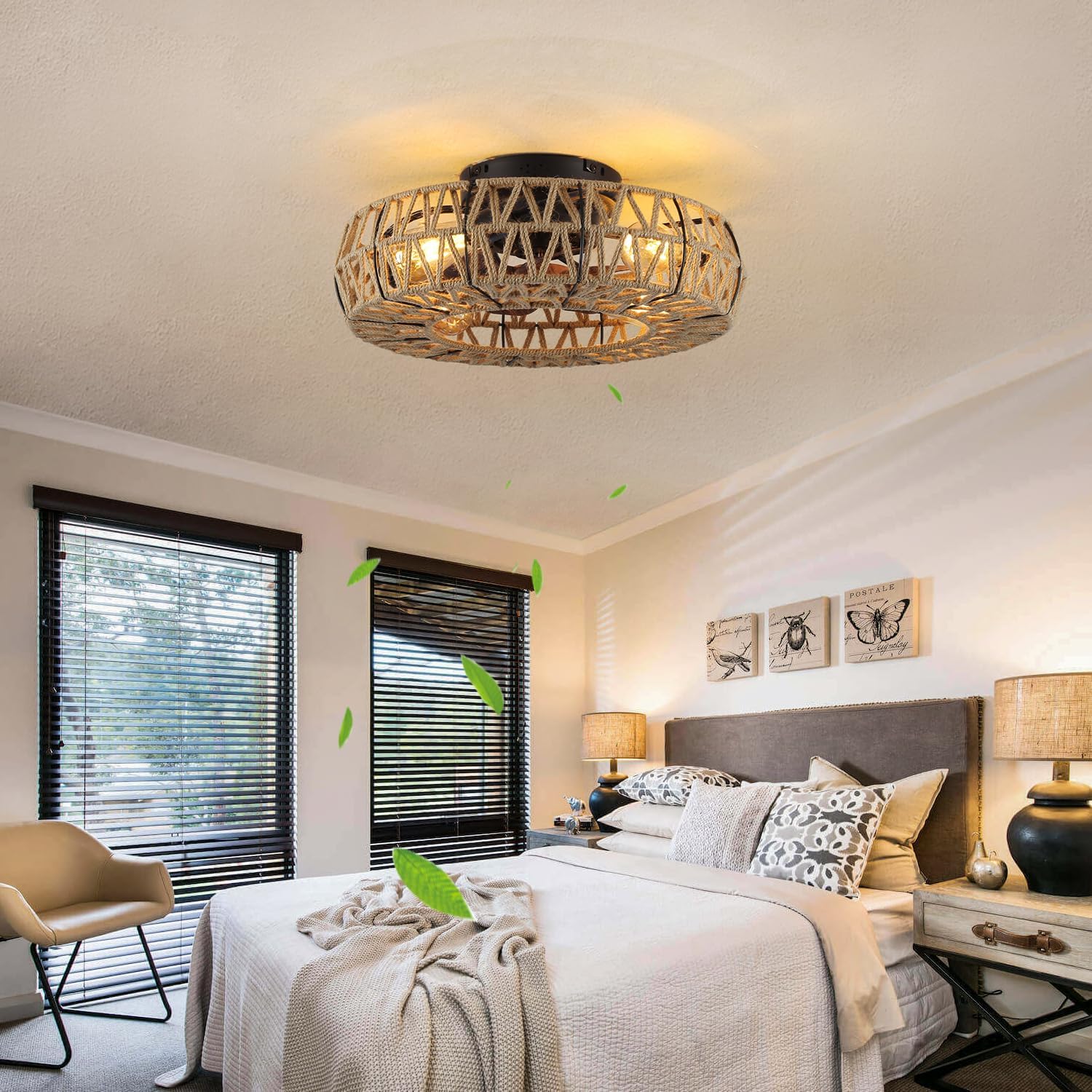 20 Inch Boho Caged Bladeless Ceiling Fan with Light,Flush Mount Rattan Fandelier Ceiling Fans Lights and Remote Contro,Enclosed 6 Speeds Low Profile Farmhouse Fan Light for Bedroom,Kitchen,Living Room