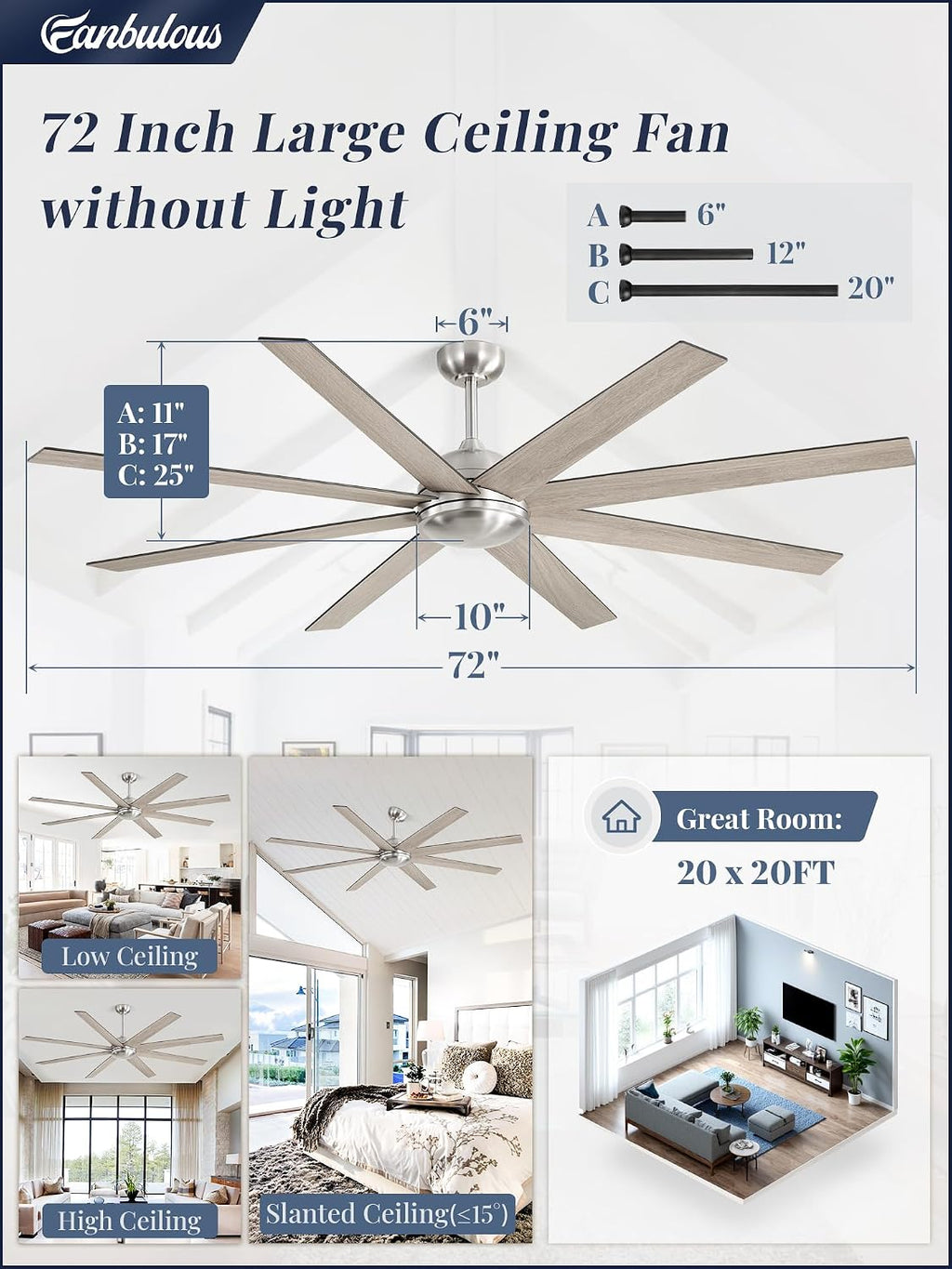 72 Inch large Ceiling Fans without Lights, Brushed Nickel Modern Ceiling Fan, 6-Speeds, Quiet Reversible DC Motor, Indoor/Outdoor Ceiling Fan with Remote for Patio, Living Room, Bedroom