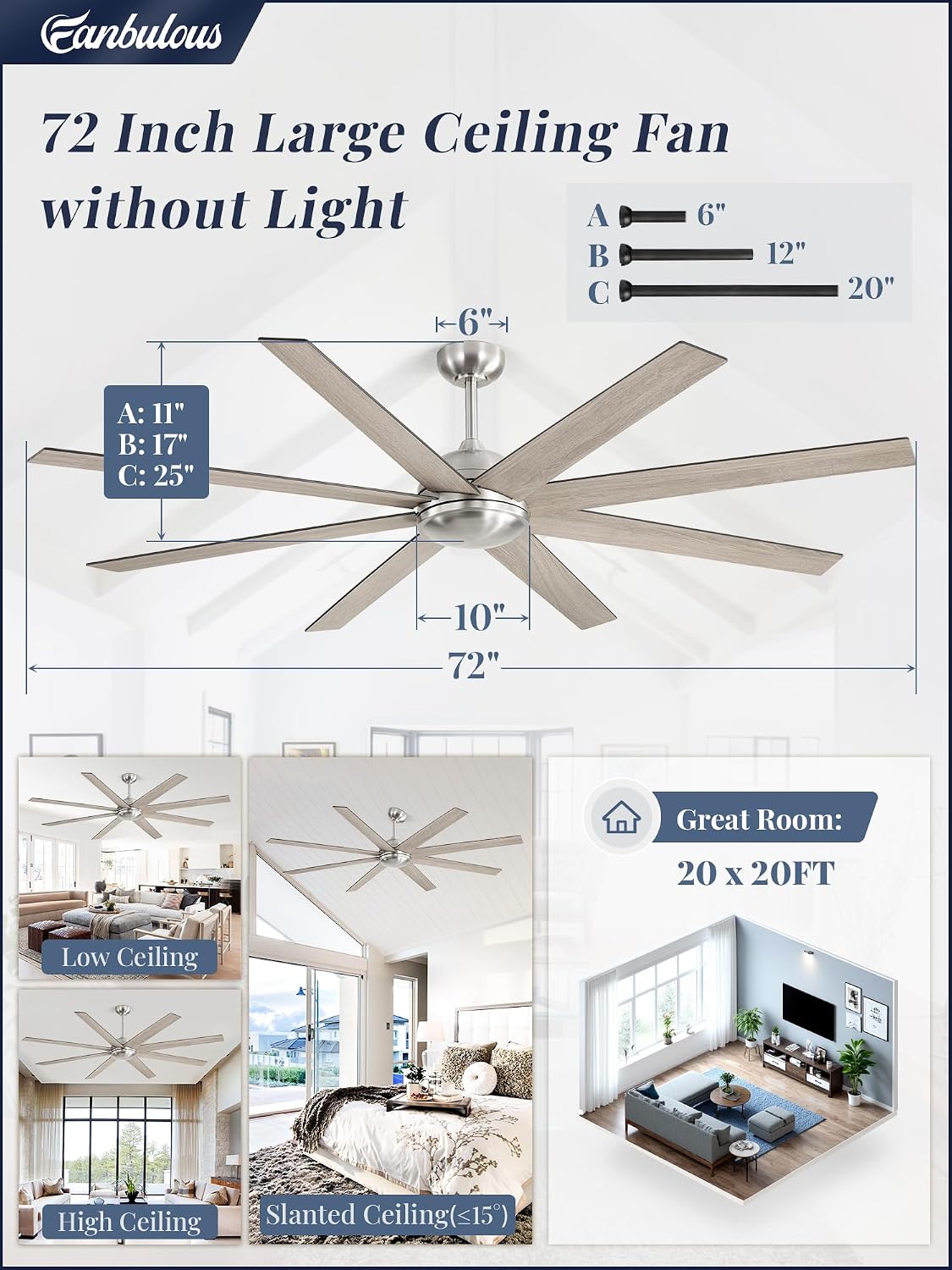 72 Inch large Ceiling Fans without Lights, Brushed Nickel Modern Ceiling Fan, 6-Speeds, Quiet Reversible DC Motor, Indoor/Outdoor Ceiling Fan with Remote for Patio, Living Room, Bedroom