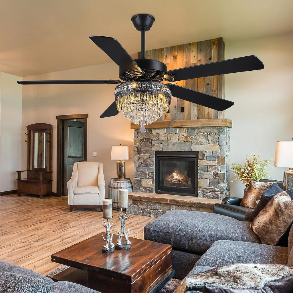 GJeg Crystal Ceiling Fan Fandelier with Lights - Outdoor Ceiling Fans with Remote Control, Farmhouse Ceiling Fan with Noiseless DC Reversible Motor,Dining Room,Living Room(62' Black)