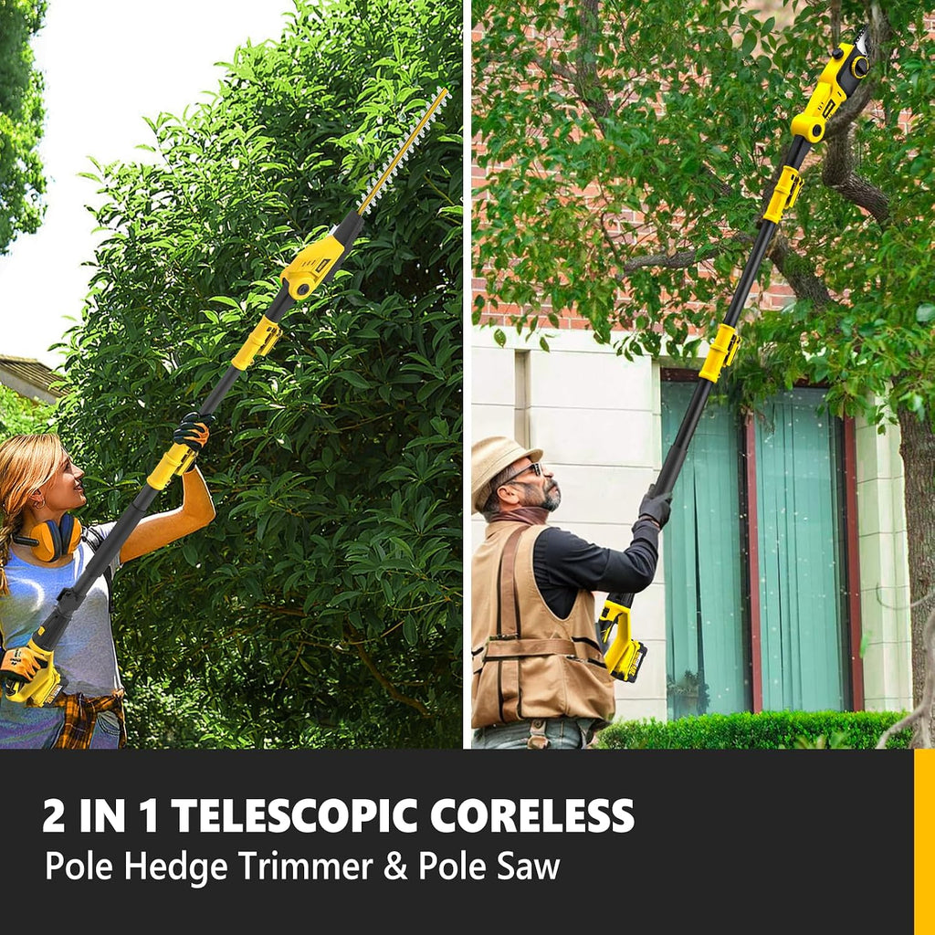 Alloyman 2-in-1 Telescopic Cordless Pole Hedge Trimmer 16-Inch and Pole Saw 8.6-Inch,with 2 Packs 4.0Ah Batteries & Charger,for Tree Trimming and Shrubs Pruning