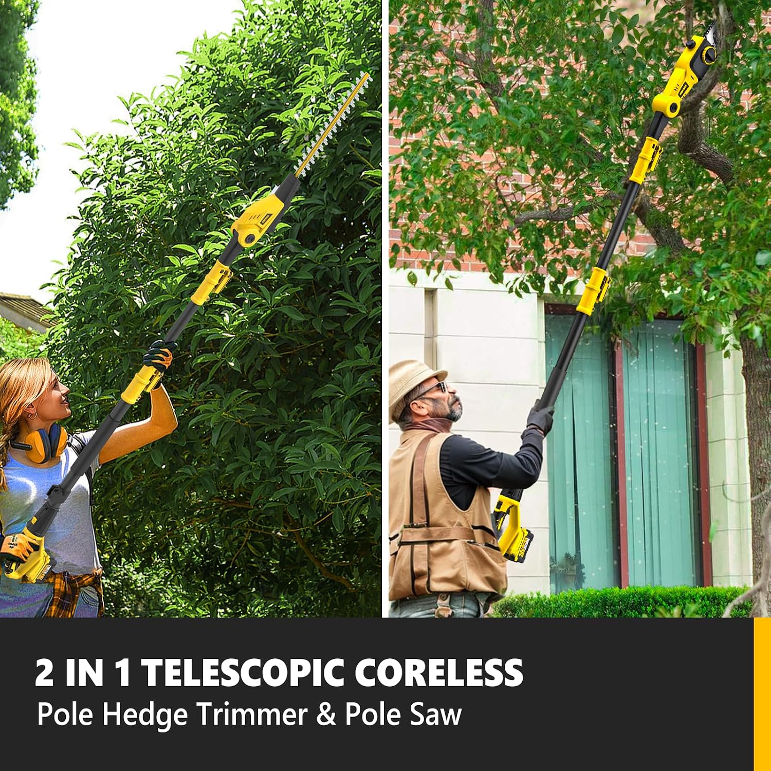 Alloyman 2-in-1 Telescopic Cordless Pole Hedge Trimmer 16-Inch and Pole Saw 8.6-Inch,with 2 Packs 4.0Ah Batteries & Charger,for Tree Trimming and Shrubs Pruning