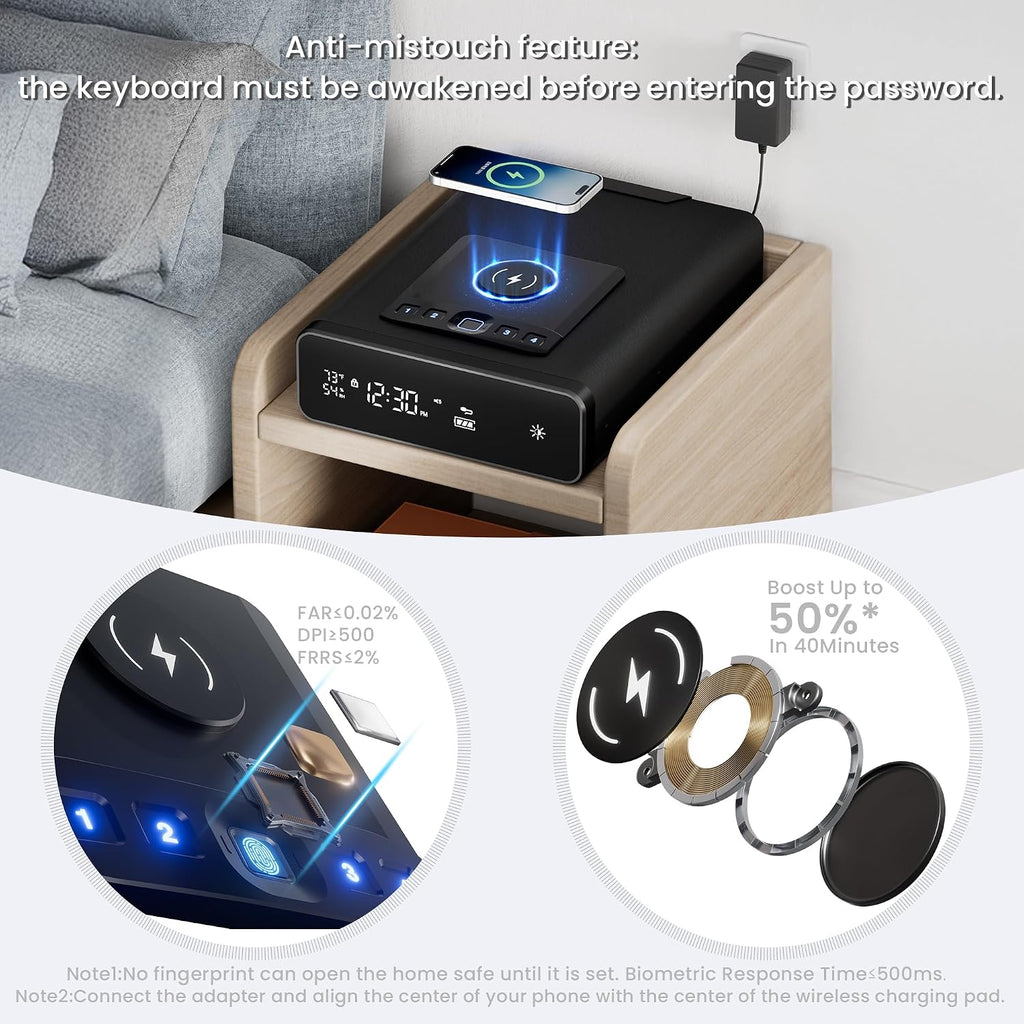 Mboko Biometric Discreet Gun Safe with 12-Hour Time Clock Display, Wireless Charging Pistol Safe for Handgun with Adjustable Brightness, Backlit Keypad, LED Light, Gifts for Father's Day（Black）