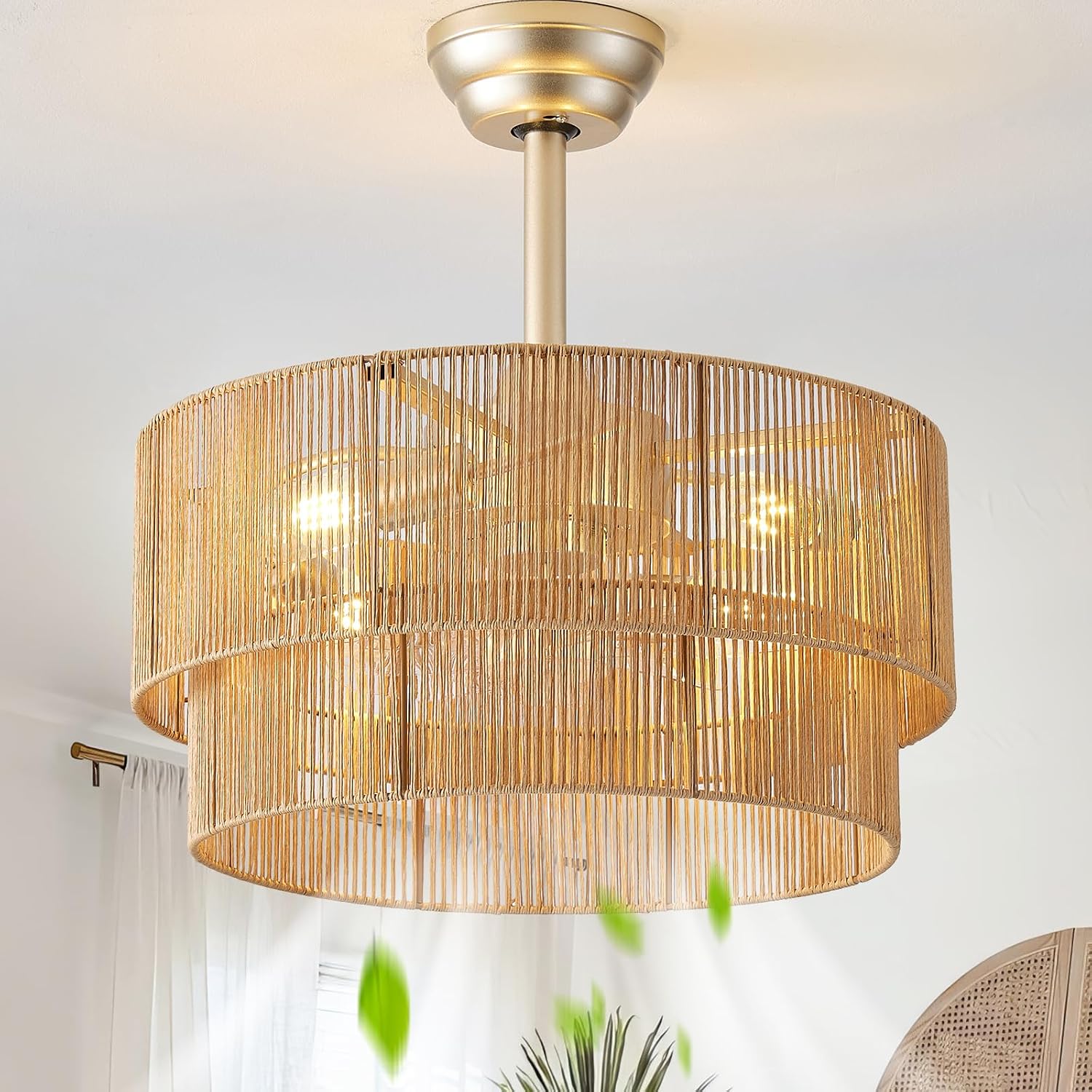 20' Caged Boho Ceiling Fans with Lights, Rattan Fandelier Chandelier Ceiling Fan with Light Remote Control with 6 Speeds for Bedroom, Nursery