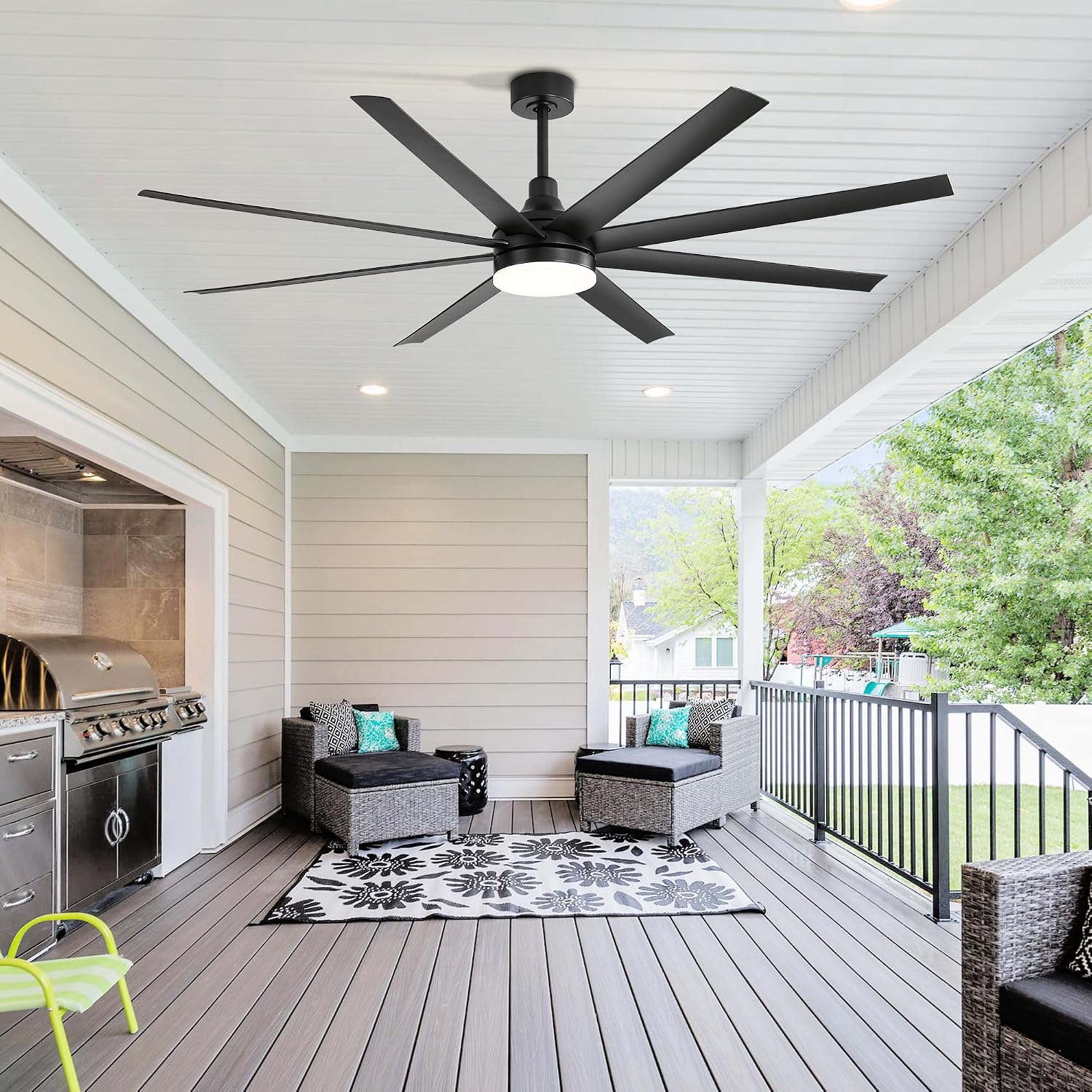 72 inch Ceiling Fans with Lights and Remote, 8 Reversible Blades, 6-Speed Quiet DC Motor, Timer, 3 Color LED Light, 2 Downrods, Industrial Black Indoor Ceiling Fan Fandeliers for Bedroom Living Room