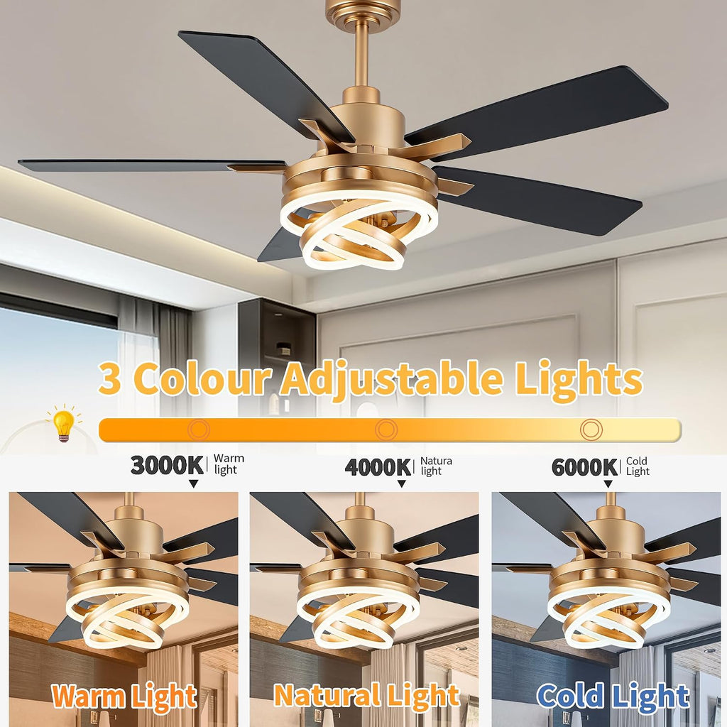 52' Ceiling Fans with Lights,Chandelier Fan with 6-Speed Dimmable LED and Reversible DC Motor,DIY Rings LED,Fandelier Ceiling Fan with 5 Dual Finish Blades for Living Room/Bedroom