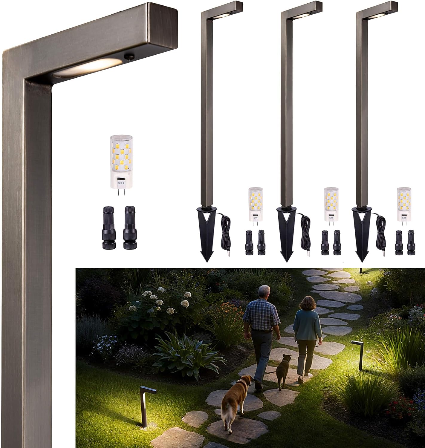 Gardenreet Outdoor Brass Pathway Lights, Warm & Neutral White Adjustable Low Voltage Landscape Path Light, 12v LED Light IP65 Waterproof, Bronze for Outside Garden Yard with G4 Bulb (4 Pack)