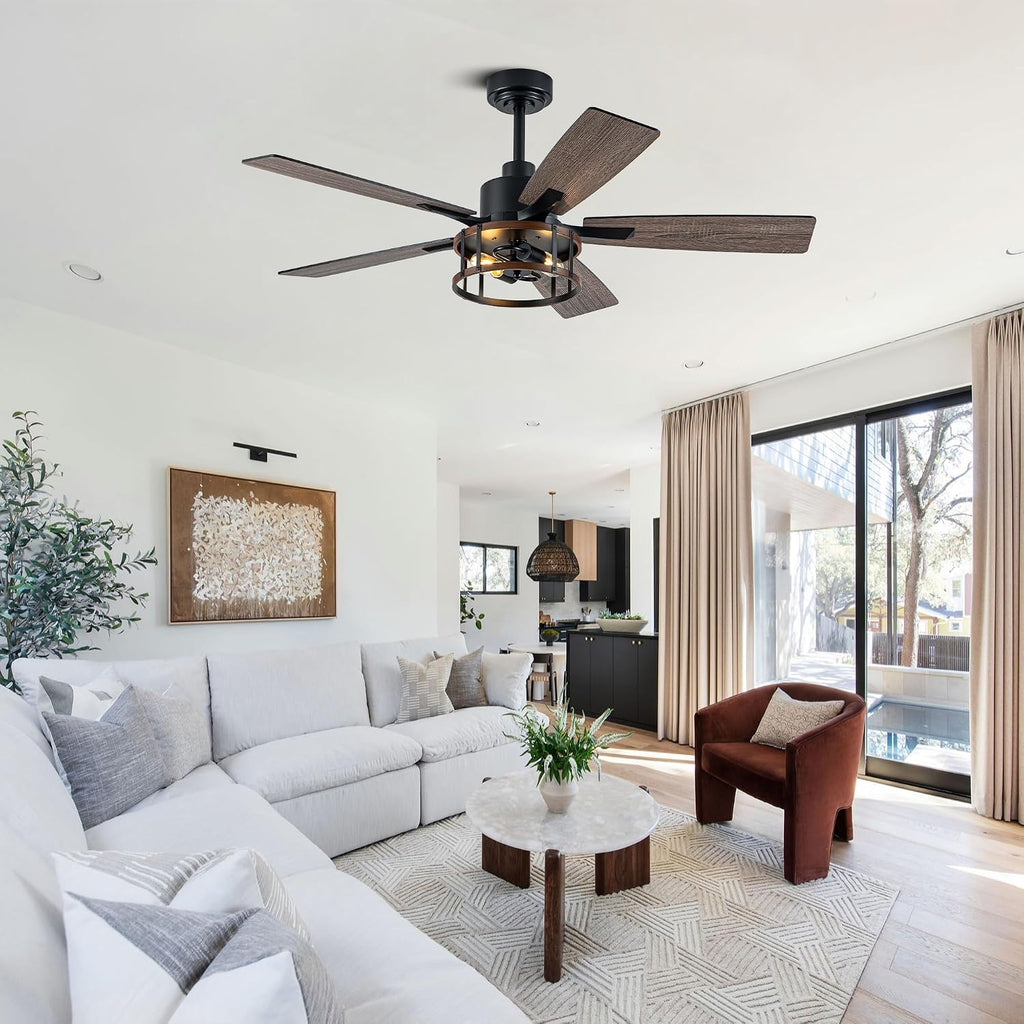 52IN Farmhouse Ceiling Fans with Lights and Remote,Chandelier Ceiling Fan with Reversible DC Motor,5 Double Finish Wood Blades,6 Speeds,Rustic Caged Ceiling Fan for Living Room,Dining Room,Bedroom