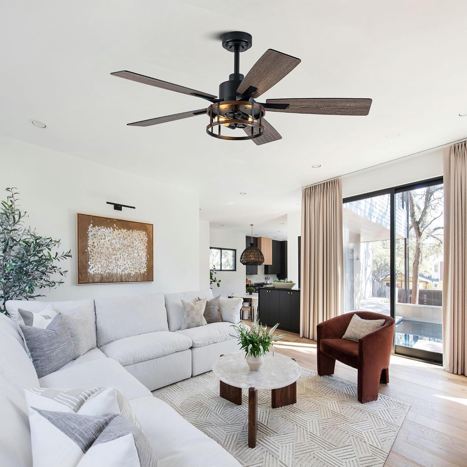 52IN Farmhouse Ceiling Fans with Lights and Remote,Chandelier Ceiling Fan with Reversible DC Motor,5 Double Finish Wood Blades,6 Speeds,Rustic Caged Ceiling Fan for Living Room,Dining Room,Bedroom