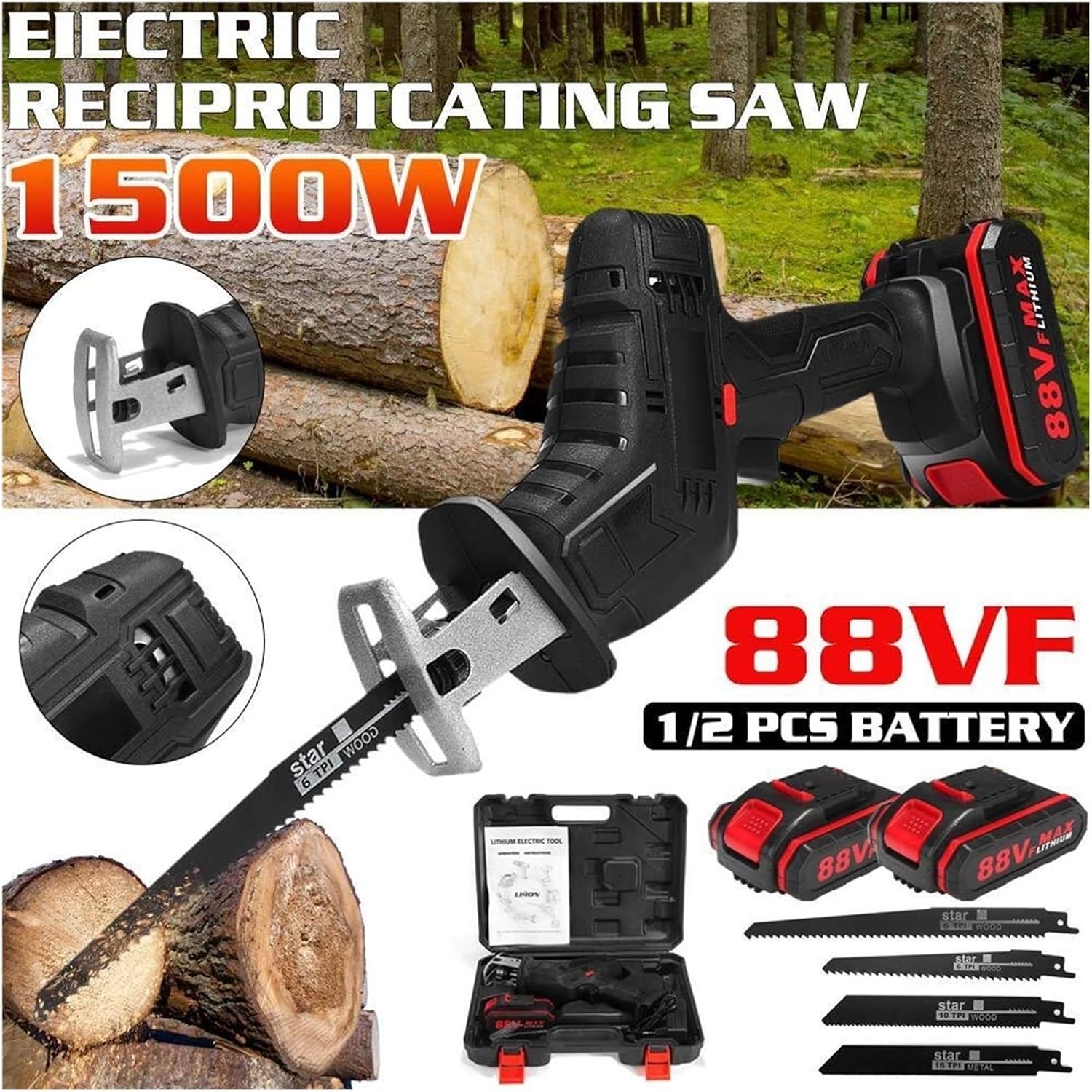 3000RPM/Min Cordless Electric Reciprocating Saw Portable Metal Wood Cutting Machine Tool Variable Speed 2Pcs Battery For DIY Use(1 Battery)