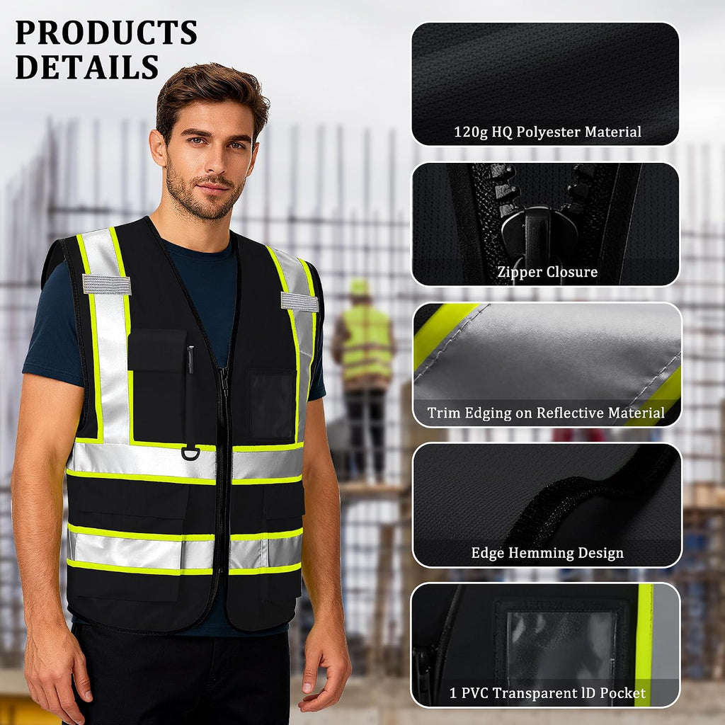 Custom Safety Vest with Logo, High Visibility Reflective Personalized Vest with Pockets and Zipper for Men Women Work