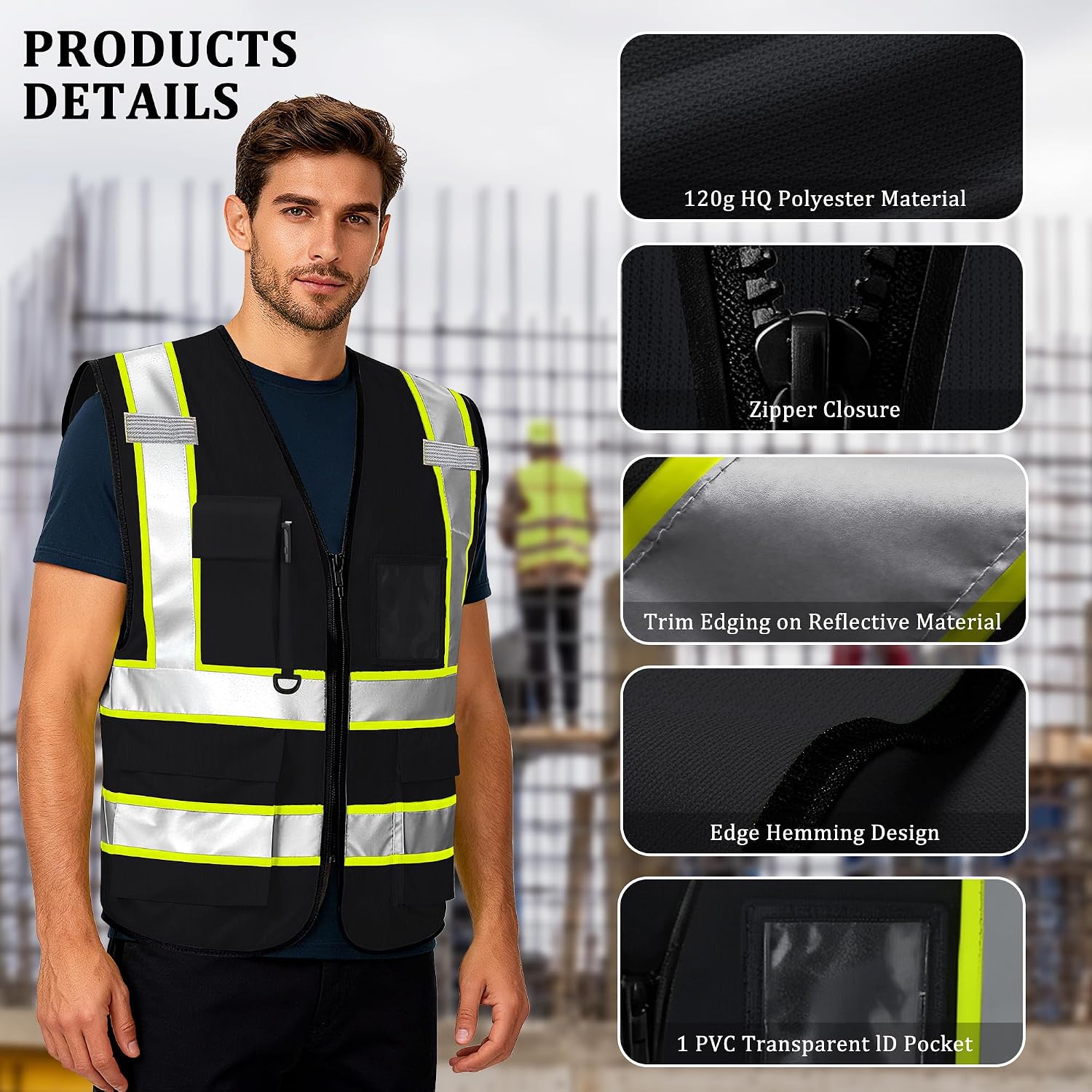 Custom Safety Vest with Logo, High Visibility Reflective Personalized Vest with Pockets and Zipper for Men Women Work