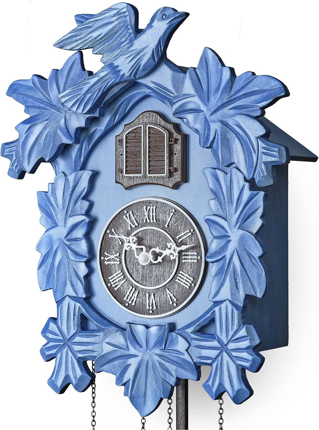 TIMEGEAR Cuckoo Clock with Night Mode, Hand Carved Decorations and Swinging Pendulum (Blue)