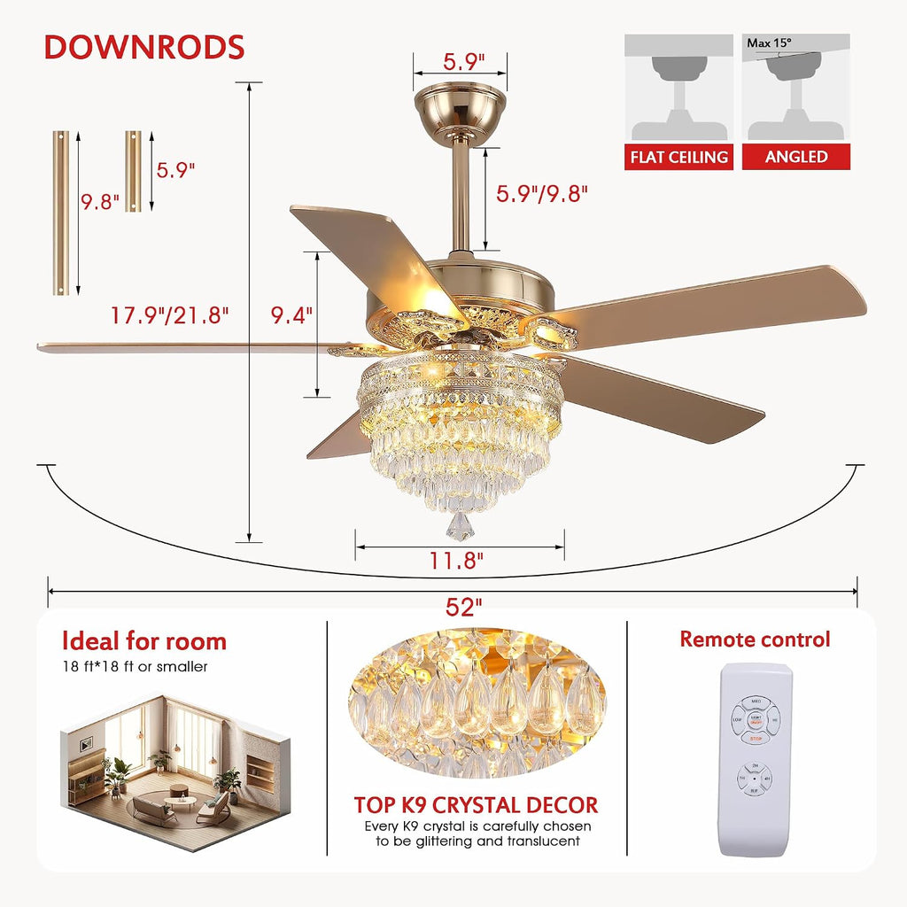 GJeg Crystal Ceiling Fan Fandelier with Lights - Retro Outdoor Fans with Remote Control, Farmhouse Ceiling Fan with Noiseless AC Reversible Motor,Dining Room,Living Room(52' Gold)