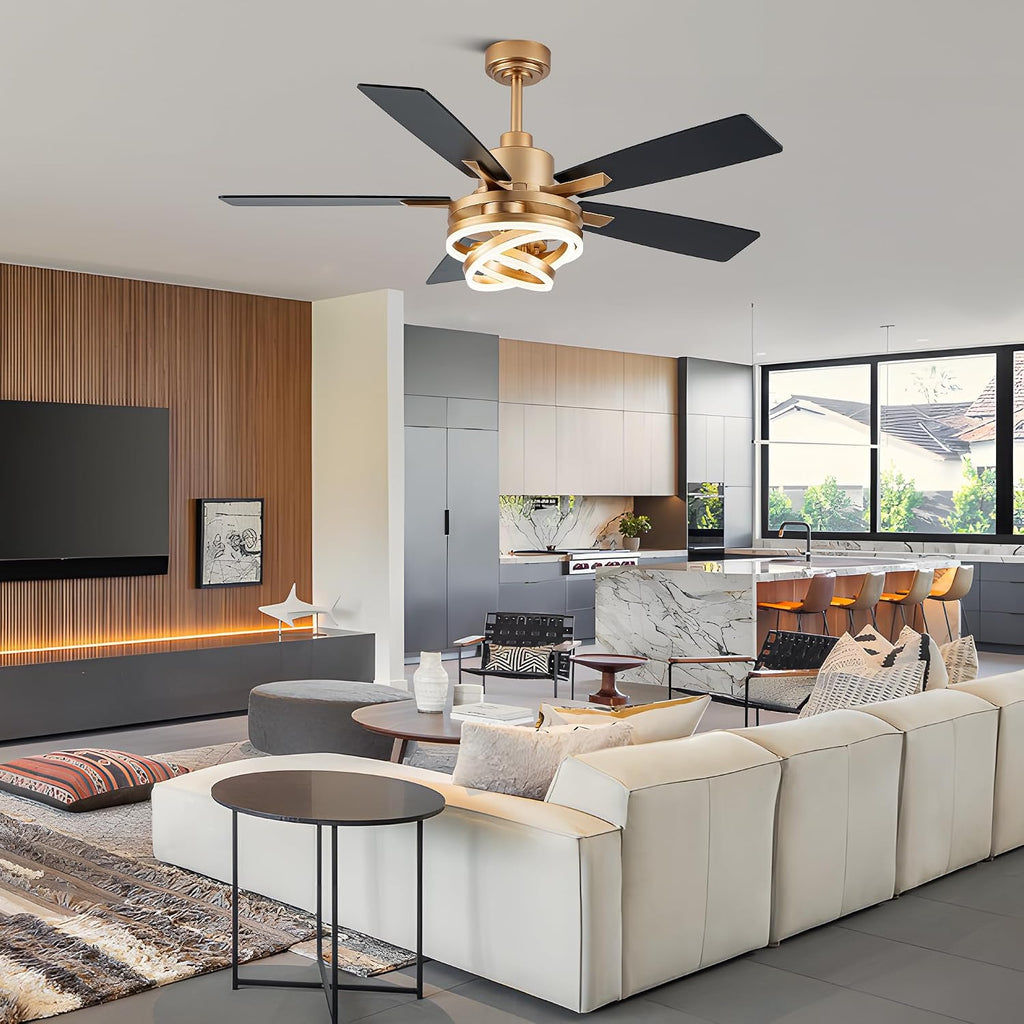 52' Ceiling Fans with Lights,Chandelier Fan with 6-Speed Dimmable LED and Reversible DC Motor,DIY Rings LED,Fandelier Ceiling Fan with 5 Dual Finish Blades for Living Room/Bedroom