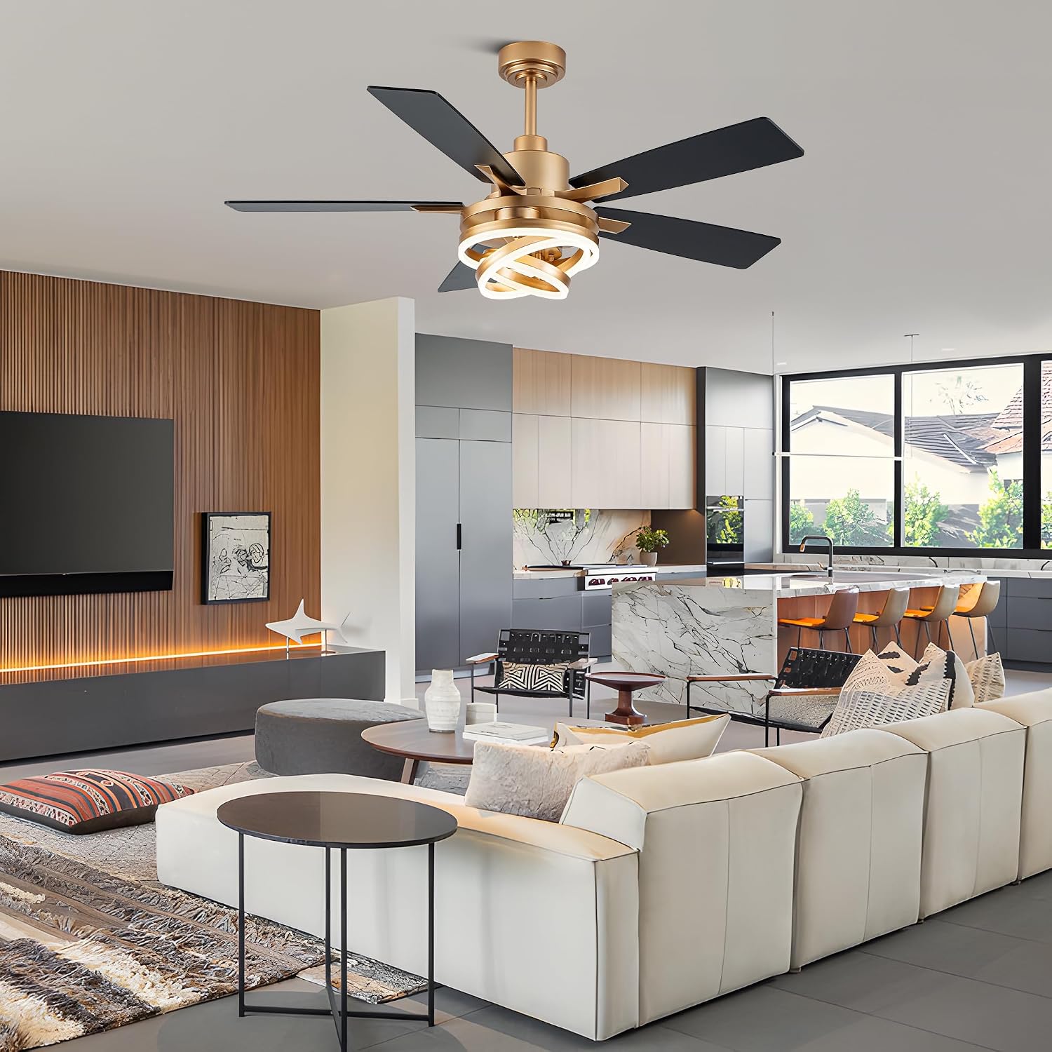 52' Ceiling Fans with Lights,Chandelier Fan with 6-Speed Dimmable LED and Reversible DC Motor,DIY Rings LED,Fandelier Ceiling Fan with 5 Dual Finish Blades for Living Room/Bedroom