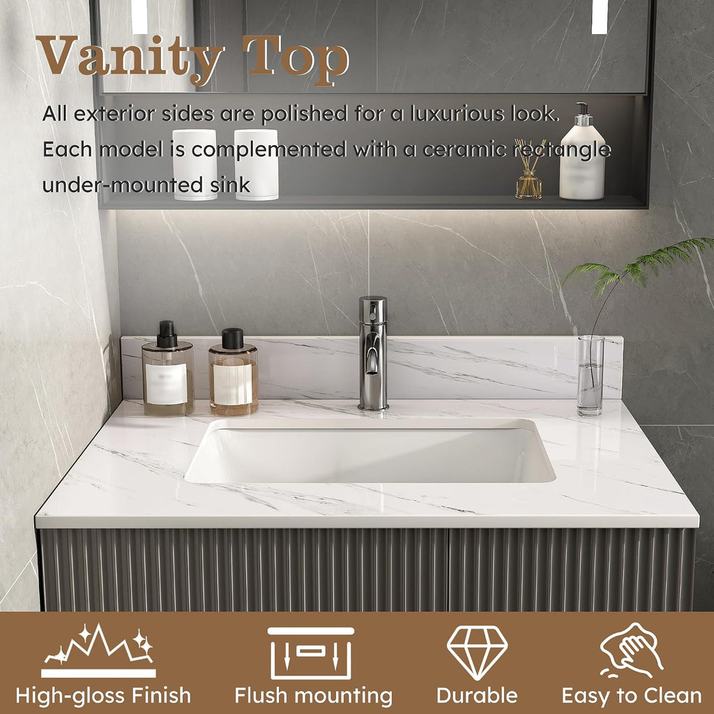 37x22 Marble Bathroom Vanity Top with Sink, Vanity Top with Sink with Pre-drilled Holes and 4' Backsplash, Perfect for Home & Rental Properties