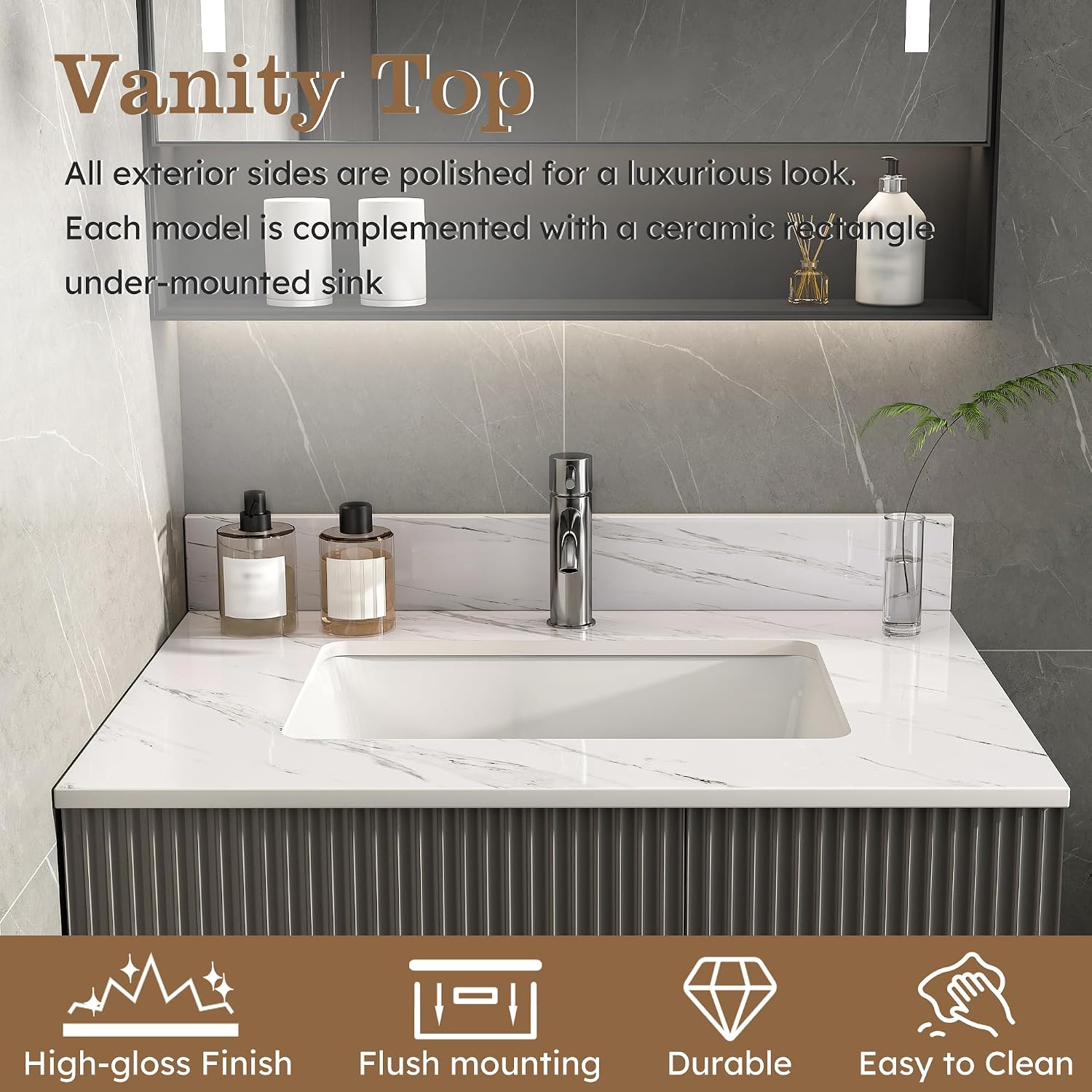 37x22 Marble Bathroom Vanity Top with Sink, Vanity Top with Sink with Pre-drilled Holes and 4' Backsplash, Perfect for Home & Rental Properties