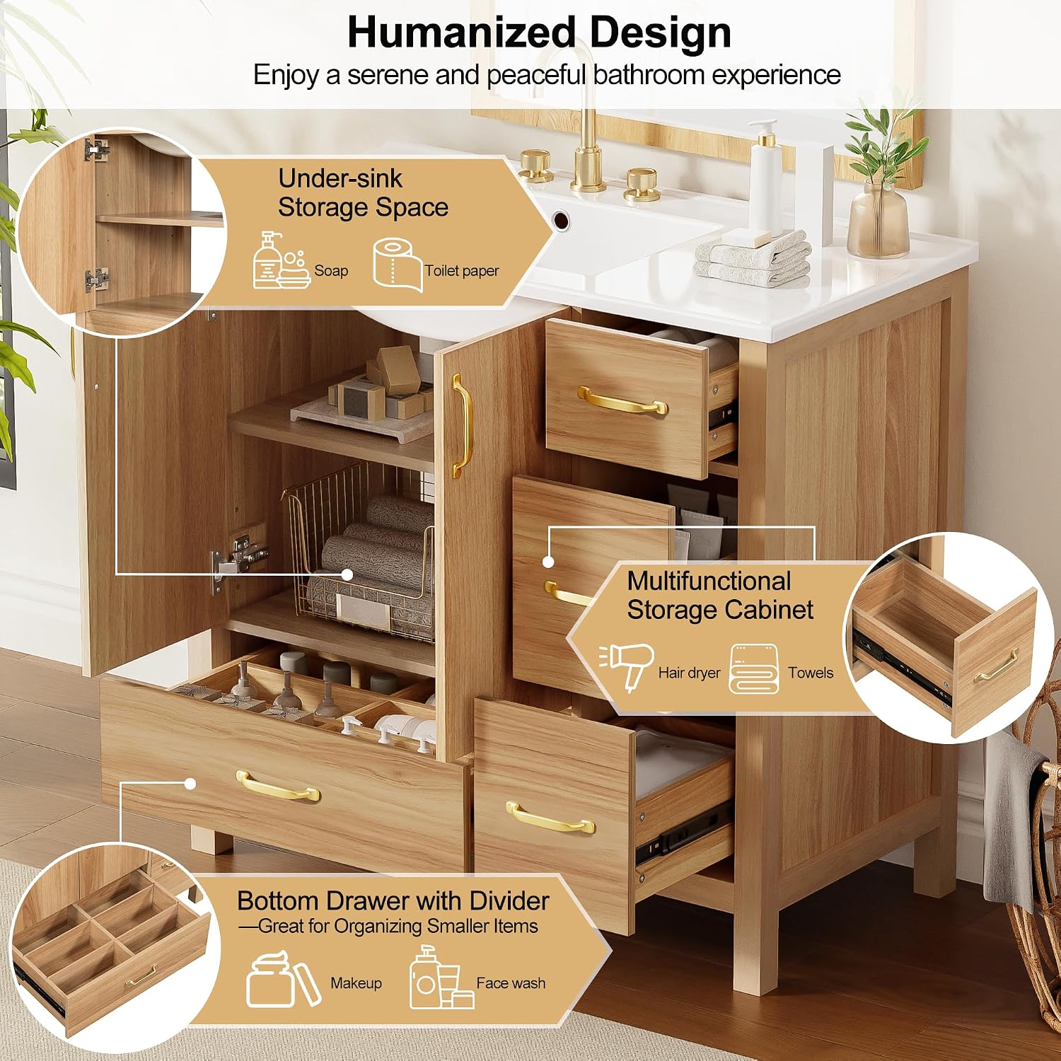 Harper & Bright Designs 36' Bathroom Vanity with Sink, Free Standing Single Basin Vanity with 2 Doors & 4 Soft-Closing Drawers, Solid Wood Storage Cabinet with Ceramic Basin for Bathroom, Acacia Wood