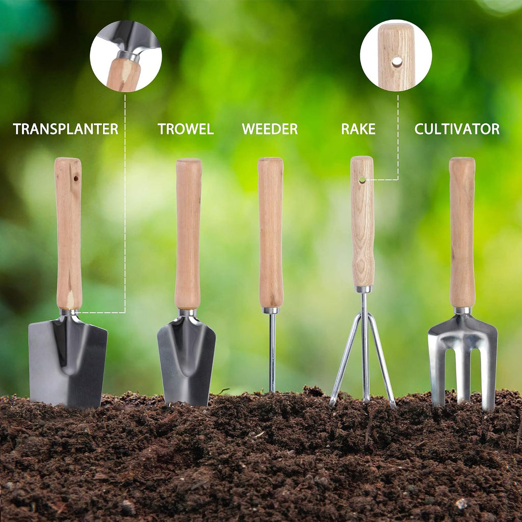 9 Pieces Garden Tools Set with Folding Chair, Stainless Steel Heavy Duty Hand Tool w/Organizer Tote Bag, Wooden Handle & Gloves - Gardening Gifts for Men Women